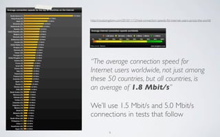 http://royal.pingdom.com/2010/11/12/real-connection-speeds-for-internet-users-across-the-world/




“The average connection speed for
Internet users worldwide, not just among
these 50 countries, but all countries, is
an average of 1.8 Mbit/s”

We’ll use 1.5 Mbit/s and 5.0 Mbit/s
connections in tests that follow

              9
 
