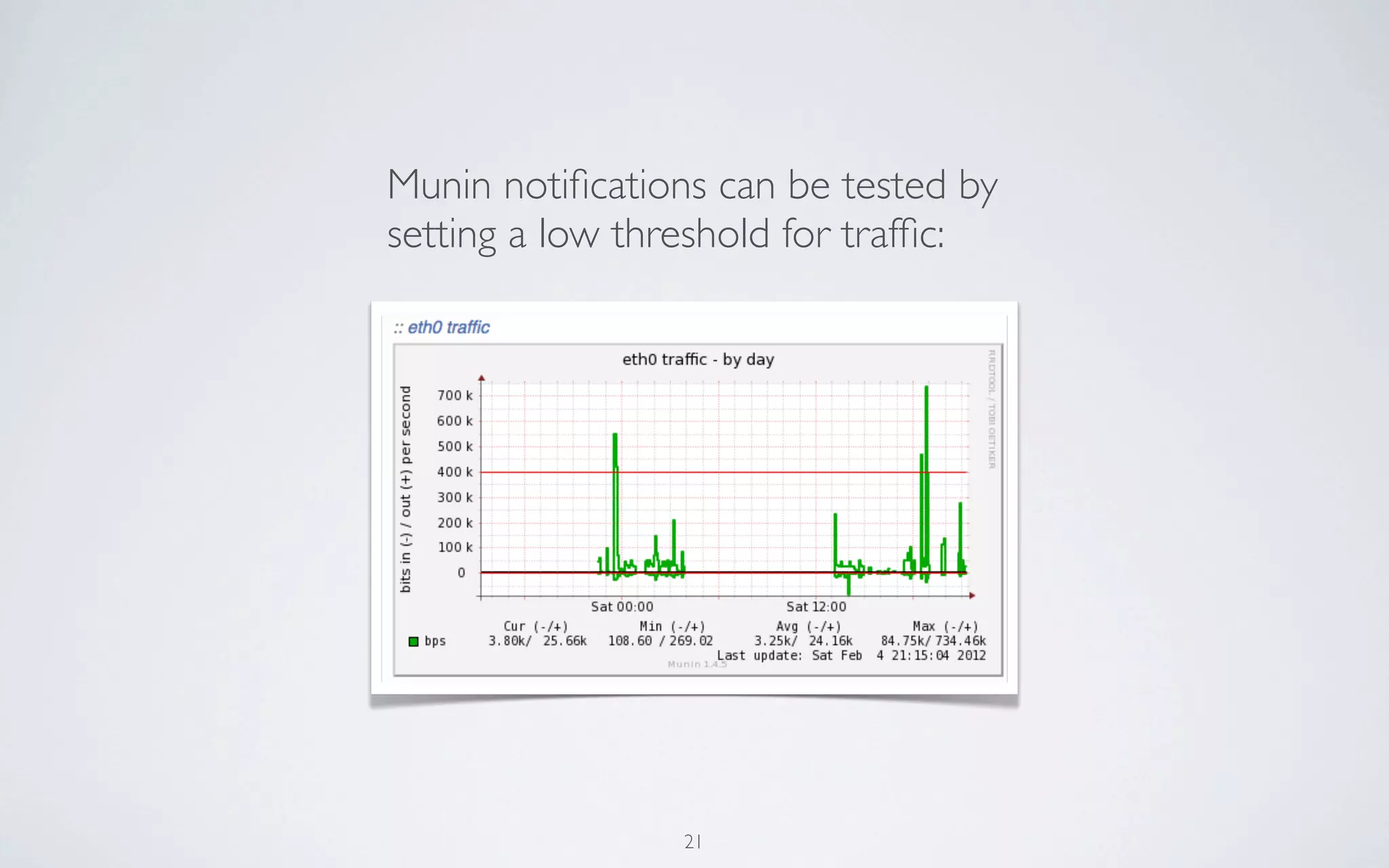 Munin notiﬁcations can be tested by
setting a low threshold for trafﬁc:




                 21
 