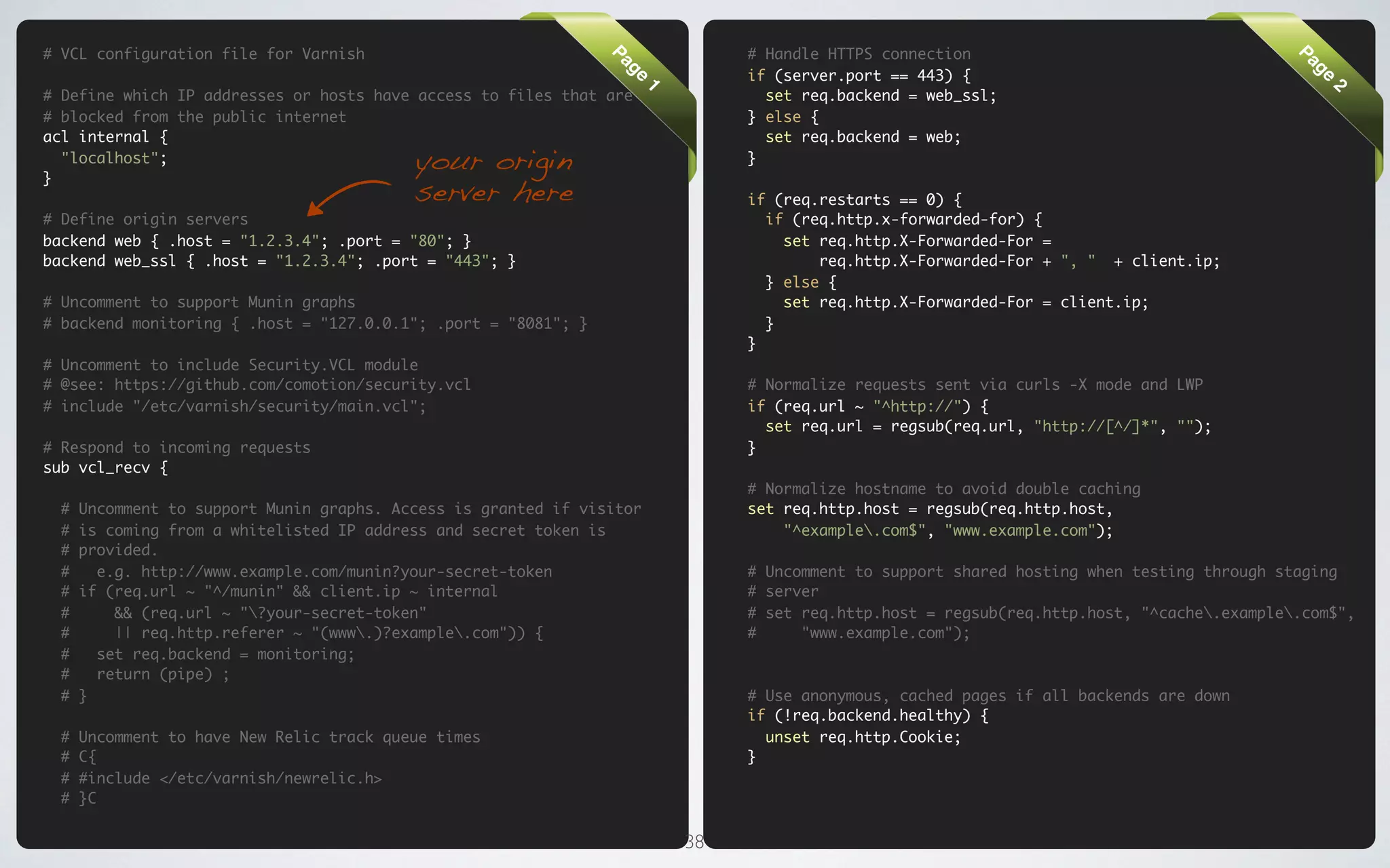 # VCL configuration file for Varnish                                           # Handle HTTPS connection




                                                                 Pa




                                                                                                                                            Pa
                                                                               if (server.port == 443) {




                                                                  ge




                                                                                                                                             ge
# Define which IP addresses or hosts have access to files that are               set req.backend = web_ssl;




                                                                      1




                                                                                                                                                 2
# blocked from the public internet                                             } else {
acl internal {                                                                   set req.backend = web;

}
  "localhost";                             your origin                         }

                                           server here                         if (req.restarts == 0) {
# Define origin servers                                                          if (req.http.x-forwarded-for) {
backend web { .host = "1.2.3.4"; .port = "80"; }                                   set req.http.X-Forwarded-For =
backend web_ssl { .host = "1.2.3.4"; .port = "443"; }                                  req.http.X-Forwarded-For + ", " + client.ip;
                                                                                 } else {
# Uncomment to support Munin graphs                                                set req.http.X-Forwarded-For = client.ip;
# backend monitoring { .host = "127.0.0.1"; .port = "8081"; }                    }
                                                                               }
# Uncomment to include Security.VCL module
# @see: https://github.com/comotion/security.vcl                               # Normalize requests sent via curls -X mode and LWP
# include "/etc/varnish/security/main.vcl";                                    if (req.url ~ "^http://") {
                                                                                 set req.url = regsub(req.url, "http://[^/]*", "");
# Respond to incoming requests                                                 }
sub vcl_recv {
                                                                               # Normalize hostname to avoid double caching
  #   Uncomment to support Munin graphs. Access is granted if visitor          set req.http.host = regsub(req.http.host,
  #   is coming from a whitelisted IP address and secret token is                  "^example.com$", "www.example.com");
  #   provided.
  #     e.g. http://www.example.com/munin?your-secret-token                    # Uncomment to support shared hosting when testing through staging
  #   if (req.url ~ "^/munin" && client.ip ~ internal                          # server
  #       && (req.url ~ "?your-secret-token"                                  # set req.http.host = regsub(req.http.host, "^cache.example.com$",
  #       || req.http.referer ~ "(www.)?example.com")) {                     #     "www.example.com");
  #     set req.backend = monitoring;
  #     return (pipe) ;
  #   }                                                                        # Use anonymous, cached pages if all backends are down
                                                                               if (!req.backend.healthy) {
  #   Uncomment to have New Relic track queue times                              unset req.http.Cookie;
  #   C{                                                                       }
  #   #include </etc/varnish/newrelic.h>
  #   }C


                                                                          38
 