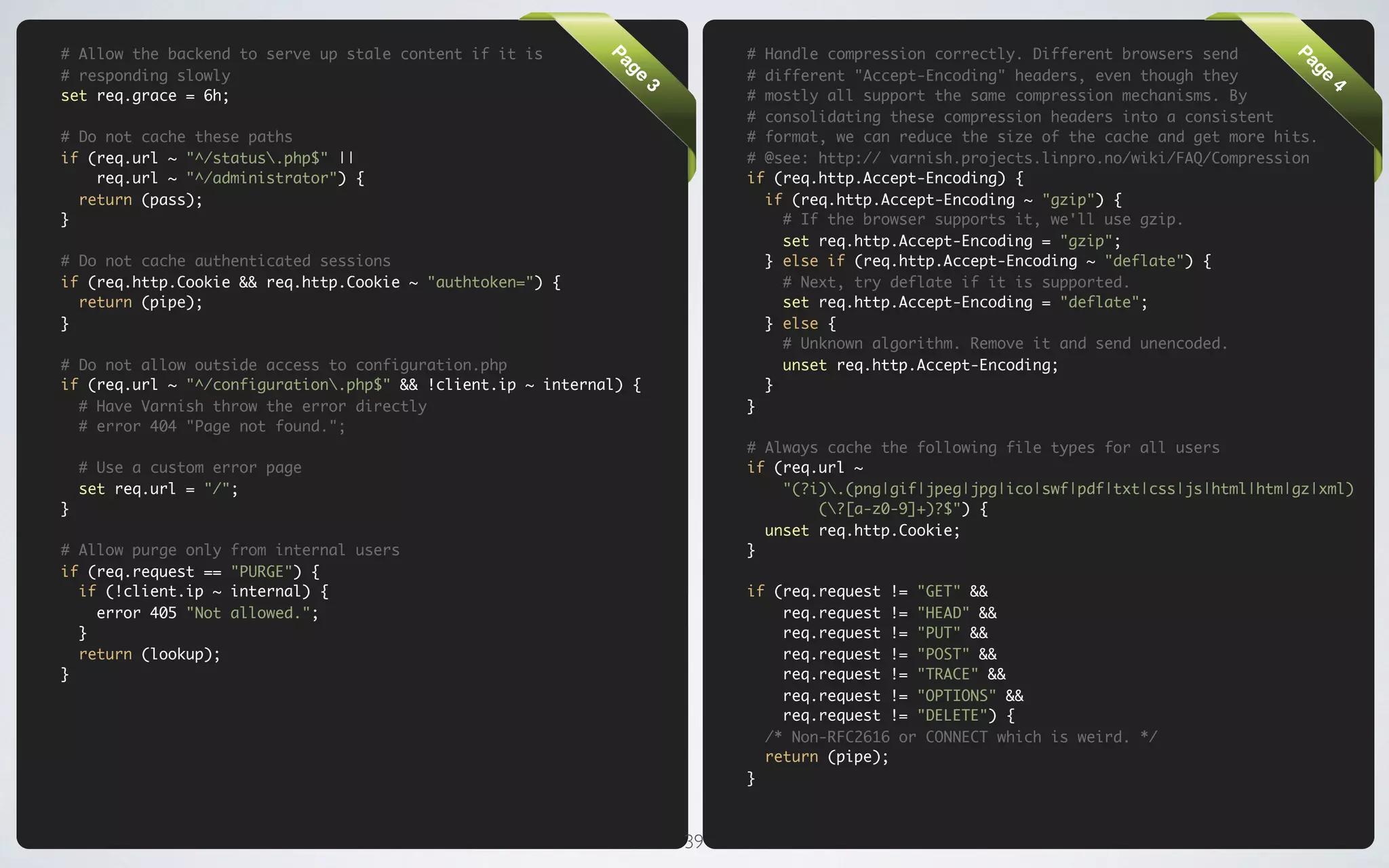 # Allow the backend to serve up stale content if it is                     # Handle compression correctly. Different browsers send




                                                             Pa




                                                                                                                                        Pa
# responding slowly                                                        # different "Accept-Encoding" headers, even though they




                                                              ge




                                                                                                                                         ge
set req.grace = 6h;                                                        # mostly all support the same compression mechanisms. By




                                                                  3




                                                                                                                                              4
                                                                           # consolidating these compression headers into a consistent
# Do not cache these paths                                                 # format, we can reduce the size of the cache and get more hits.
if (req.url ~ "^/status.php$" ||                                          # @see: http:// varnish.projects.linpro.no/wiki/FAQ/Compression
    req.url ~ "^/administrator") {                                         if (req.http.Accept-Encoding) {
  return (pass);                                                             if (req.http.Accept-Encoding ~ "gzip") {
}                                                                              # If the browser supports it, we'll use gzip.
                                                                               set req.http.Accept-Encoding = "gzip";
# Do not cache authenticated sessions                                        } else if (req.http.Accept-Encoding ~ "deflate") {
if (req.http.Cookie && req.http.Cookie ~ "authtoken=") {                       # Next, try deflate if it is supported.
  return (pipe);                                                               set req.http.Accept-Encoding = "deflate";
}                                                                            } else {
                                                                               # Unknown algorithm. Remove it and send unencoded.
# Do not allow outside access to configuration.php                             unset req.http.Accept-Encoding;
if (req.url ~ "^/configuration.php$" && !client.ip ~ internal) {            }
  # Have Varnish throw the error directly                                  }
  # error 404 "Page not found.";
                                                                           # Always cache the following file types for all users
    # Use a custom error page                                              if (req.url ~
    set req.url = "/";                                                         "(?i).(png|gif|jpeg|jpg|ico|swf|pdf|txt|css|js|html|htm|gz|xml)
}                                                                                  (?[a-z0-9]+)?$") {
                                                                             unset req.http.Cookie;
# Allow purge only   from internal users                                   }
if (req.request ==   "PURGE") {
  if (!client.ip ~   internal) {                                           if (req.request != "GET" &&
    error 405 "Not   allowed.";                                                req.request != "HEAD" &&
  }                                                                            req.request != "PUT" &&
  return (lookup);                                                             req.request != "POST" &&
}                                                                              req.request != "TRACE" &&
                                                                               req.request != "OPTIONS" &&
                                                                               req.request != "DELETE") {
                                                                             /* Non-RFC2616 or CONNECT which is weird. */
                                                                             return (pipe);
                                                                           }



                                                                      39
 