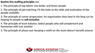 Boehm five staffing principles are
1. The principle of top talent: Use better and fewer people
2. The principle of job matching: Fit the tasks to the skills and motivation of the
people available.
3. The principle of career progression: An organization does best in the long run by
helping its people to self-actualize.
4. The principle of team balance: Select people who will complement and
harmonize with one another
5. The principle of phase-out: Keeping a misfit on the team doesn't benefit anyone
 