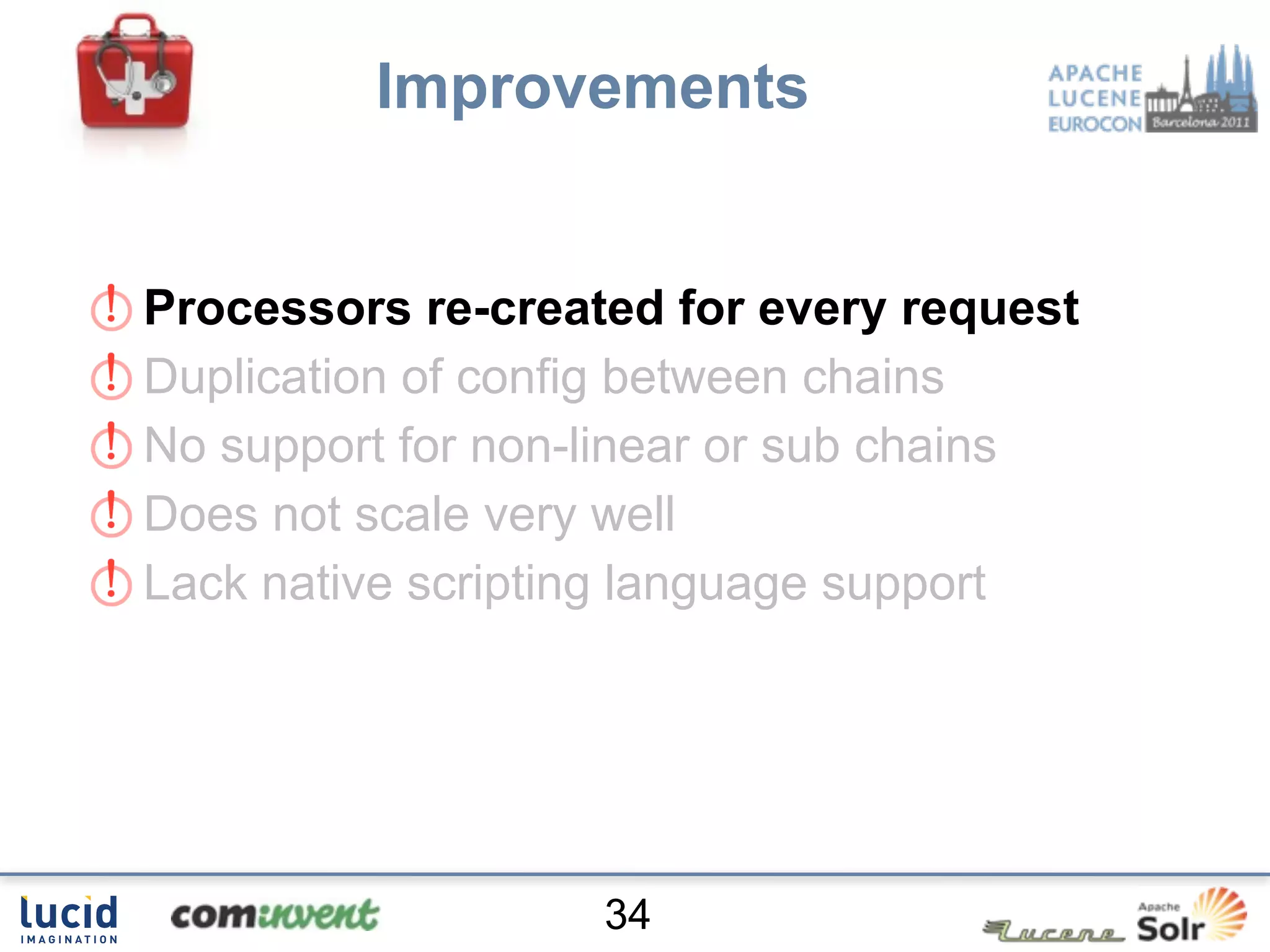 Improvements


Processors re-created for every request
Duplication of config between chains
No support for non-linear or sub chains
Does not scale very well
Lack native scripting language support




                   34
 