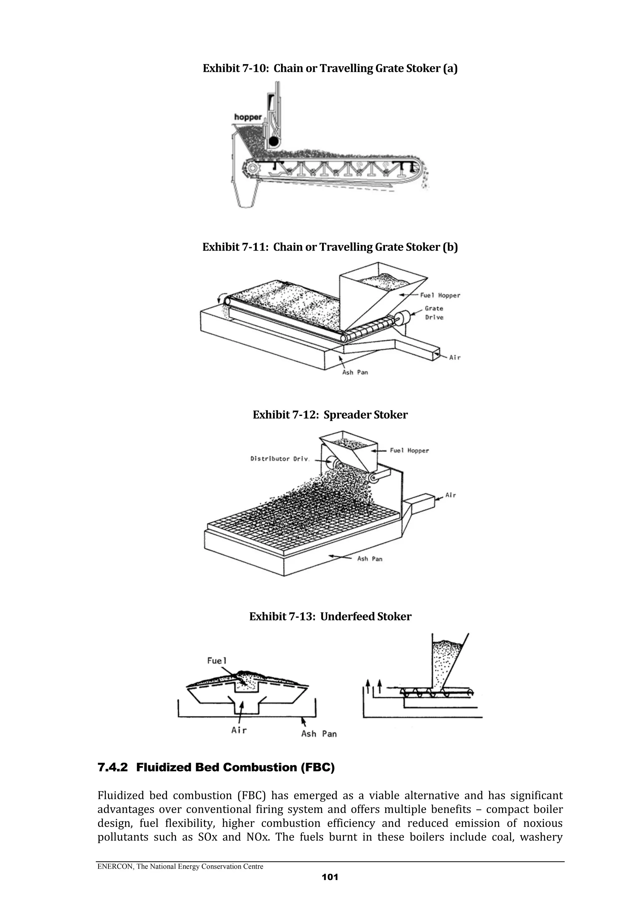 ENERCON, The National Energy Conservation Centre
101
Exhibit 7-10: Chain or Travelling Grate Stoker (a)
Exhibit 7-11: Chain or Travelling Grate Stoker (b)
Exhibit 7-12: Spreader Stoker
Exhibit 7-13: Underfeed Stoker
7.4.2 Fluidized Bed Combustion (FBC)
Fluidized bed combustion (FBC) has emerged as a viable alternative and has significant
advantages over conventional firing system and offers multiple benefits – compact boiler
design, fuel flexibility, higher combustion efficiency and reduced emission of noxious
pollutants such as SOx and NOx. The fuels burnt in these boilers include coal, washery
 