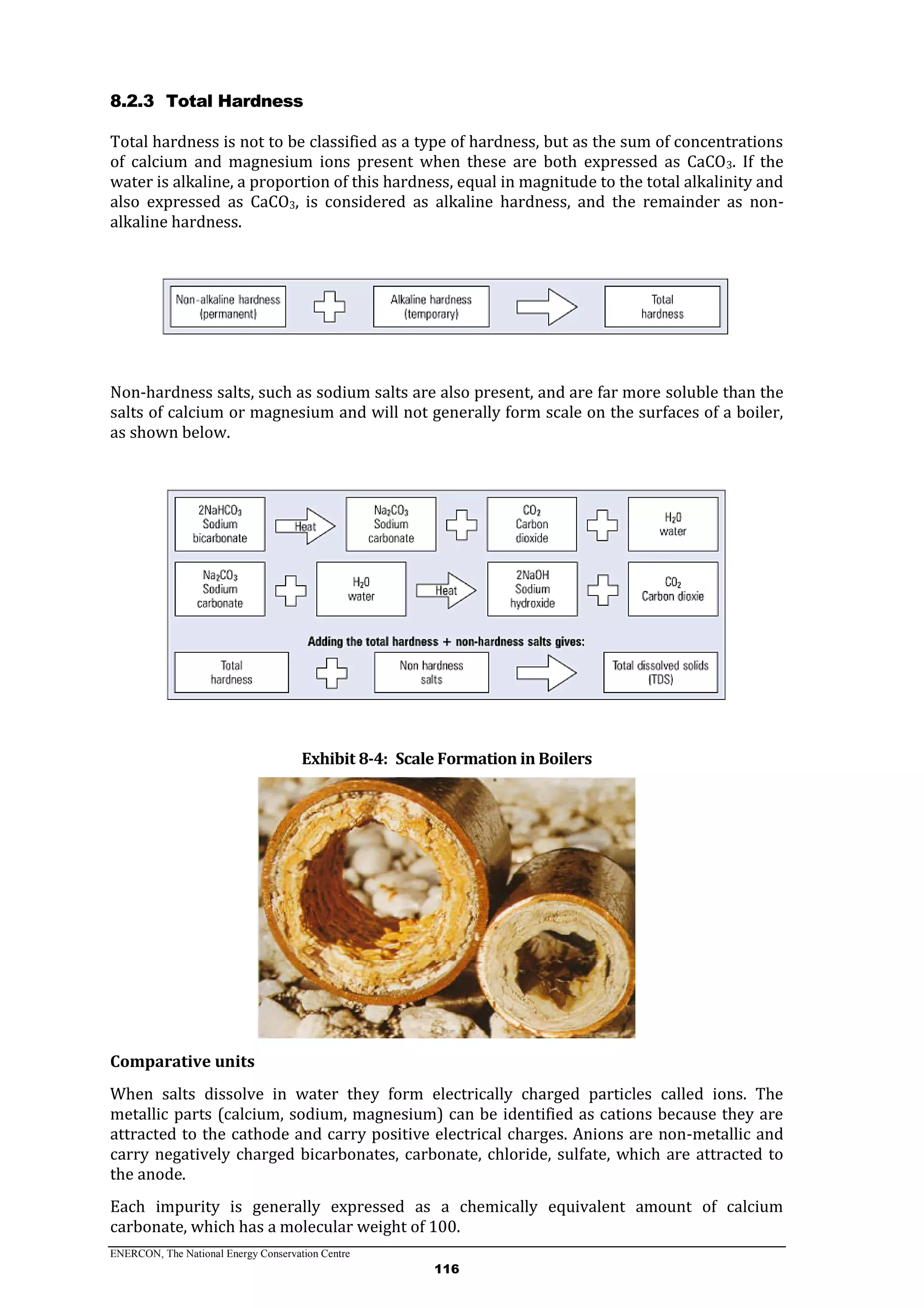 ENERCON, The National Energy Conservation Centre
116
8.2.3 Total Hardness
Total hardness is not to be classified as a type of hardness, but as the sum of concentrations
of calcium and magnesium ions present when these are both expressed as CaCO3. If the
water is alkaline, a proportion of this hardness, equal in magnitude to the total alkalinity and
also expressed as CaCO3, is considered as alkaline hardness, and the remainder as non-
alkaline hardness.
Non-hardness salts, such as sodium salts are also present, and are far more soluble than the
salts of calcium or magnesium and will not generally form scale on the surfaces of a boiler,
as shown below.
Exhibit 8-4: Scale Formation in Boilers
Comparative units
When salts dissolve in water they form electrically charged particles called ions. The
metallic parts (calcium, sodium, magnesium) can be identified as cations because they are
attracted to the cathode and carry positive electrical charges. Anions are non-metallic and
carry negatively charged bicarbonates, carbonate, chloride, sulfate, which are attracted to
the anode.
Each impurity is generally expressed as a chemically equivalent amount of calcium
carbonate, which has a molecular weight of 100.
 