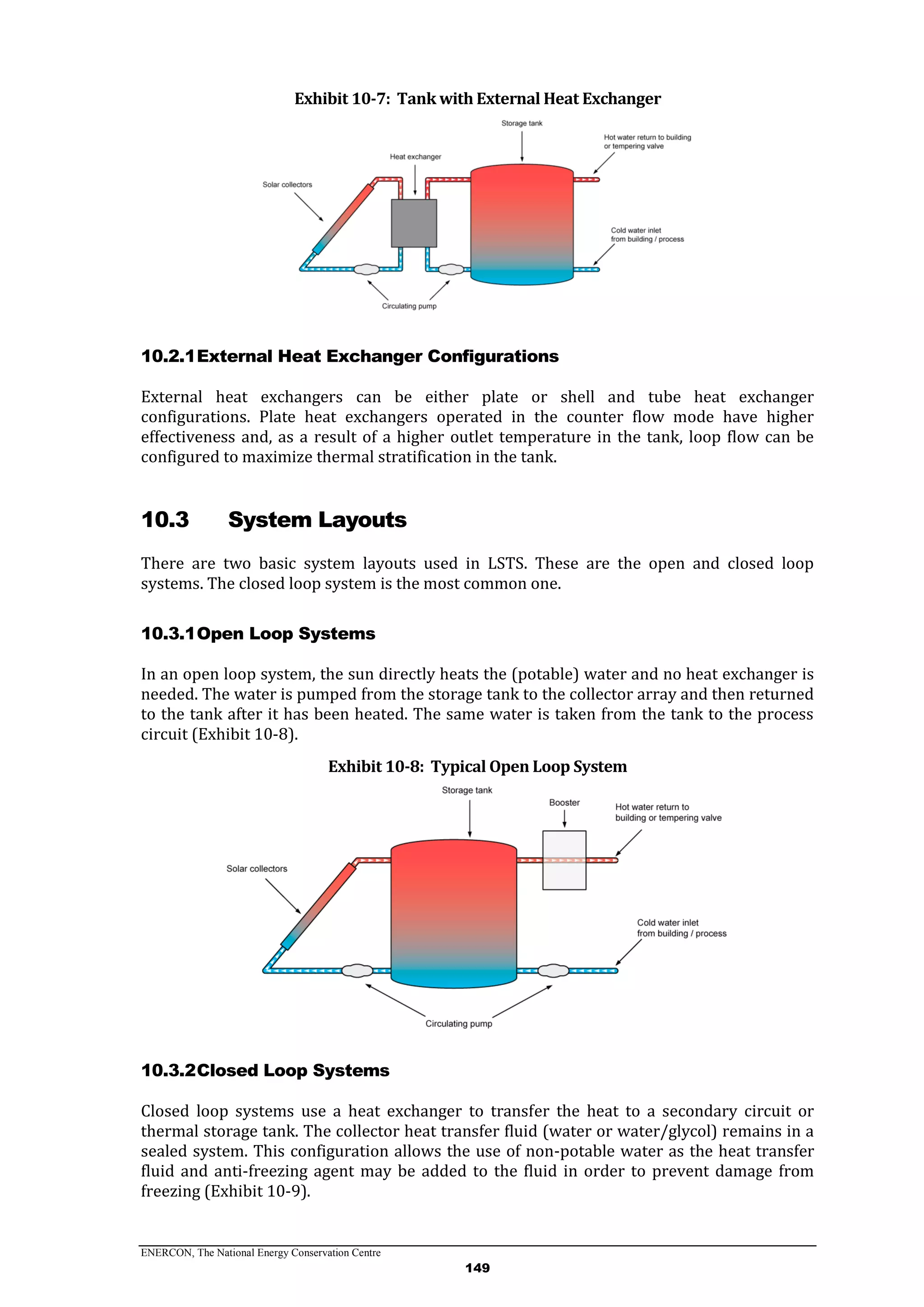 ENERCON, The National Energy Conservation Centre
149
Exhibit 10-7: Tank with External Heat Exchanger
10.2.1External Heat Exchanger Configurations
External heat exchangers can be either plate or shell and tube heat exchanger
configurations. Plate heat exchangers operated in the counter flow mode have higher
effectiveness and, as a result of a higher outlet temperature in the tank, loop flow can be
configured to maximize thermal stratification in the tank.
10.3 System Layouts
There are two basic system layouts used in LSTS. These are the open and closed loop
systems. The closed loop system is the most common one.
10.3.1Open Loop Systems
In an open loop system, the sun directly heats the (potable) water and no heat exchanger is
needed. The water is pumped from the storage tank to the collector array and then returned
to the tank after it has been heated. The same water is taken from the tank to the process
circuit (Exhibit 10-8).
Exhibit 10-8: Typical Open Loop System
10.3.2Closed Loop Systems
Closed loop systems use a heat exchanger to transfer the heat to a secondary circuit or
thermal storage tank. The collector heat transfer fluid (water or water/glycol) remains in a
sealed system. This configuration allows the use of non-potable water as the heat transfer
fluid and anti-freezing agent may be added to the fluid in order to prevent damage from
freezing (Exhibit 10-9).
 