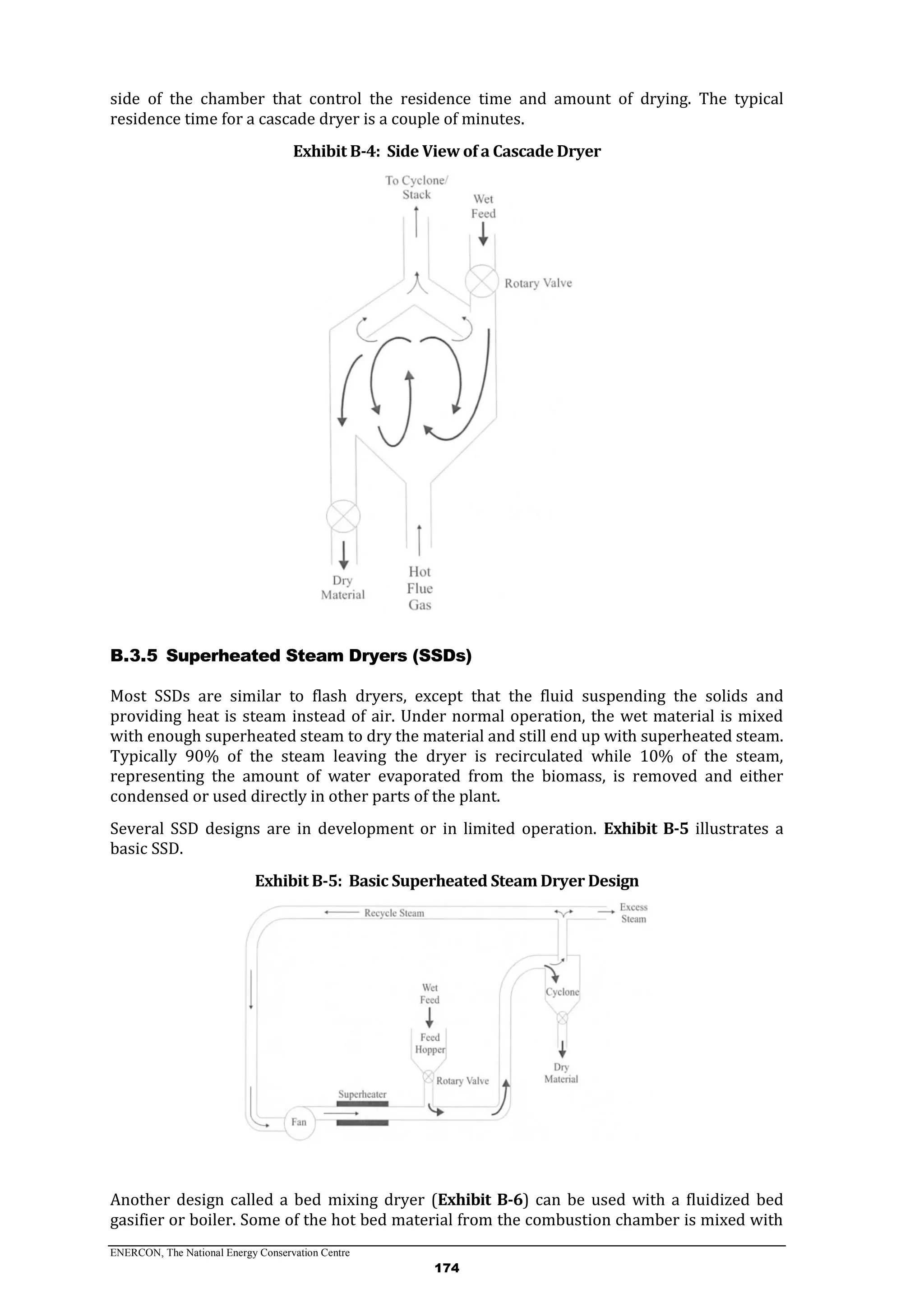 ENERCON, The National Energy Conservation Centre
174
side of the chamber that control the residence time and amount of drying. The typical
residence time for a cascade dryer is a couple of minutes.
Exhibit B-4: Side View of a Cascade Dryer
Superheated Steam Dryers (SSDs)B.3.5
Most SSDs are similar to flash dryers, except that the fluid suspending the solids and
providing heat is steam instead of air. Under normal operation, the wet material is mixed
with enough superheated steam to dry the material and still end up with superheated steam.
Typically 90% of the steam leaving the dryer is recirculated while 10% of the steam,
representing the amount of water evaporated from the biomass, is removed and either
condensed or used directly in other parts of the plant.
Several SSD designs are in development or in limited operation. Exhibit B-5 illustrates a
basic SSD.
Exhibit B-5: Basic Superheated Steam Dryer Design
Another design called a bed mixing dryer (Exhibit B-6) can be used with a fluidized bed
gasifier or boiler. Some of the hot bed material from the combustion chamber is mixed with
 