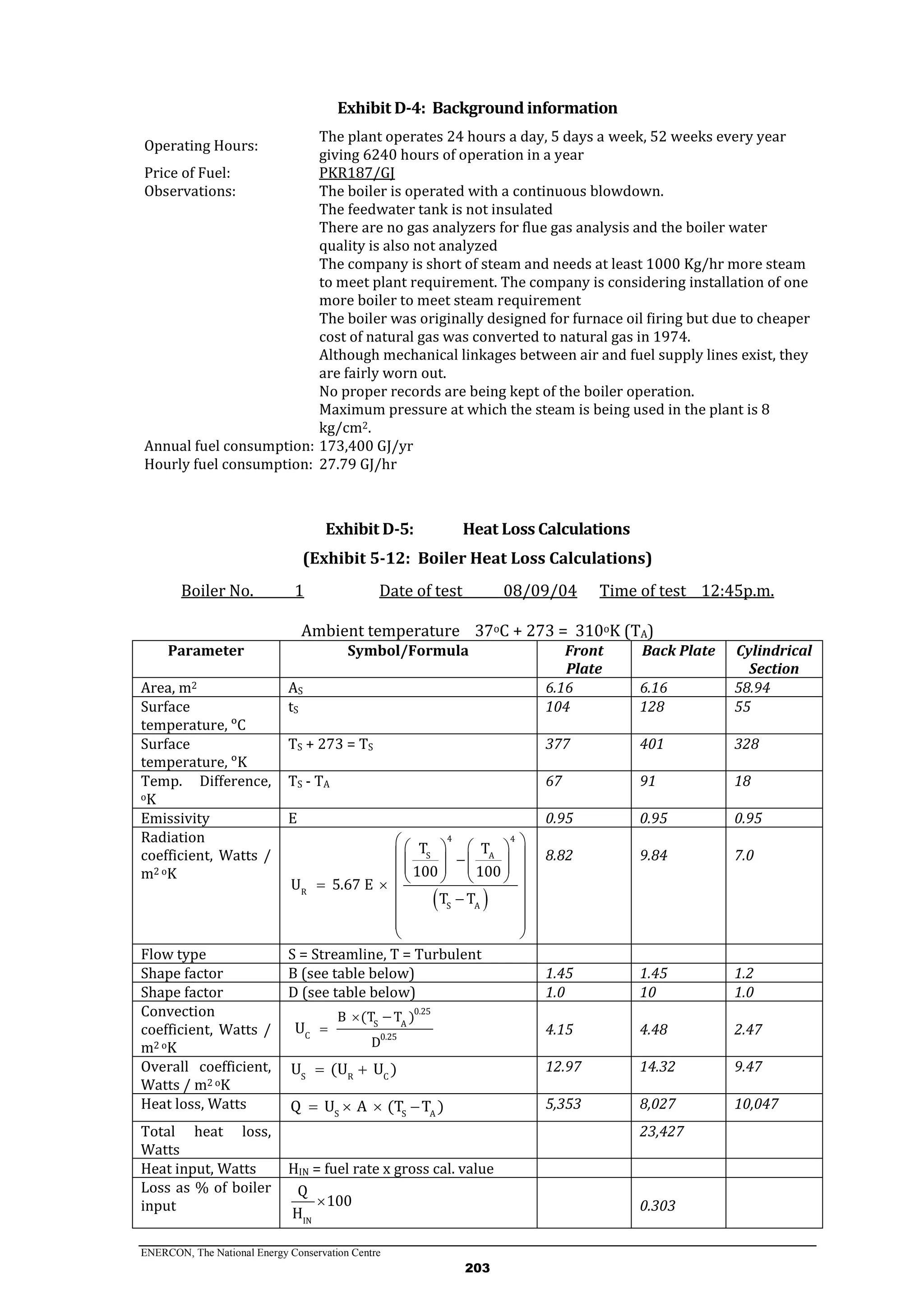 ENERCON, The National Energy Conservation Centre
203
Exhibit D-4: Background information
Operating Hours:
The plant operates 24 hours a day, 5 days a week, 52 weeks every year
giving 6240 hours of operation in a year
Price of Fuel: PKR187/GJ
Observations: The boiler is operated with a continuous blowdown.
The feedwater tank is not insulated
There are no gas analyzers for flue gas analysis and the boiler water
quality is also not analyzed
The company is short of steam and needs at least 1000 Kg/hr more steam
to meet plant requirement. The company is considering installation of one
more boiler to meet steam requirement
The boiler was originally designed for furnace oil firing but due to cheaper
cost of natural gas was converted to natural gas in 1974.
Although mechanical linkages between air and fuel supply lines exist, they
are fairly worn out.
No proper records are being kept of the boiler operation.
Maximum pressure at which the steam is being used in the plant is 8
kg/cm2.
Annual fuel consumption: 173,400 GJ/yr
Hourly fuel consumption: 27.79 GJ/hr
Exhibit D-5: Heat Loss Calculations
(Exhibit 5-12: Boiler Heat Loss Calculations)
Boiler No. 1 Date of test 08/09/04 Time of test 12:45p.m.
Ambient temperature 37oC + 273 = 310oK (TA)
Parameter Symbol/Formula Front
Plate
Back Plate Cylindrical
Section
Area, m2 AS 6.16 6.16 58.94
Surface
temperature, ᵒC
tS 104 128 55
Surface
temperature, ᵒK
TS + 273 = TS 377 401 328
Temp. Difference,
oK
TS - TA 67 91 18
Emissivity E 0.95 0.95 0.95
Radiation
coefficient, Watts /
m2 oK
 
4 4
S A
R
S A
T T
100 100
U 5.67 E
T T
    
            
 
 
 
 
8.82 9.84 7.0
Flow type S = Streamline, T = Turbulent
Shape factor B (see table below) 1.45 1.45 1.2
Shape factor D (see table below) 1.0 10 1.0
Convection
coefficient, Watts /
m2 oK
0.25
S A
C 0.25
B (T T )
D
U



4.15 4.48 2.47
Overall coefficient,
Watts / m2 oK
S R C
U (U U )  12.97 14.32 9.47
Heat loss, Watts
S S A
Q U A (T T )    5,353 8,027 10,047
Total heat loss,
Watts
23,427
Heat input, Watts HIN = fuel rate x gross cal. value
Loss as % of boiler
input
IN
Q
100
H
 0.303
 