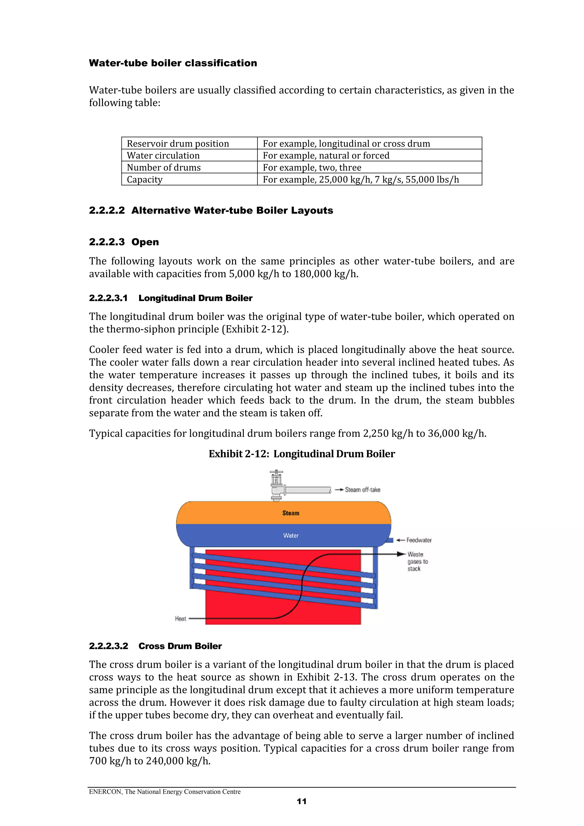 ENERCON, The National Energy Conservation Centre
11
Water-tube boiler classification
Water-tube boilers are usually classified according to certain characteristics, as given in the
following table:
Reservoir drum position For example, longitudinal or cross drum
Water circulation For example, natural or forced
Number of drums For example, two, three
Capacity For example, 25,000 kg/h, 7 kg/s, 55,000 lbs/h
2.2.2.2 Alternative Water-tube Boiler Layouts
2.2.2.3 Open
The following layouts work on the same principles as other water-tube boilers, and are
available with capacities from 5,000 kg/h to 180,000 kg/h.
2.2.2.3.1 Longitudinal Drum Boiler
The longitudinal drum boiler was the original type of water-tube boiler, which operated on
the thermo-siphon principle (Exhibit 2-12).
Cooler feed water is fed into a drum, which is placed longitudinally above the heat source.
The cooler water falls down a rear circulation header into several inclined heated tubes. As
the water temperature increases it passes up through the inclined tubes, it boils and its
density decreases, therefore circulating hot water and steam up the inclined tubes into the
front circulation header which feeds back to the drum. In the drum, the steam bubbles
separate from the water and the steam is taken off.
Typical capacities for longitudinal drum boilers range from 2,250 kg/h to 36,000 kg/h.
Exhibit 2-12: Longitudinal Drum Boiler
2.2.2.3.2 Cross Drum Boiler
The cross drum boiler is a variant of the longitudinal drum boiler in that the drum is placed
cross ways to the heat source as shown in Exhibit 2-13. The cross drum operates on the
same principle as the longitudinal drum except that it achieves a more uniform temperature
across the drum. However it does risk damage due to faulty circulation at high steam loads;
if the upper tubes become dry, they can overheat and eventually fail.
The cross drum boiler has the advantage of being able to serve a larger number of inclined
tubes due to its cross ways position. Typical capacities for a cross drum boiler range from
700 kg/h to 240,000 kg/h.
 