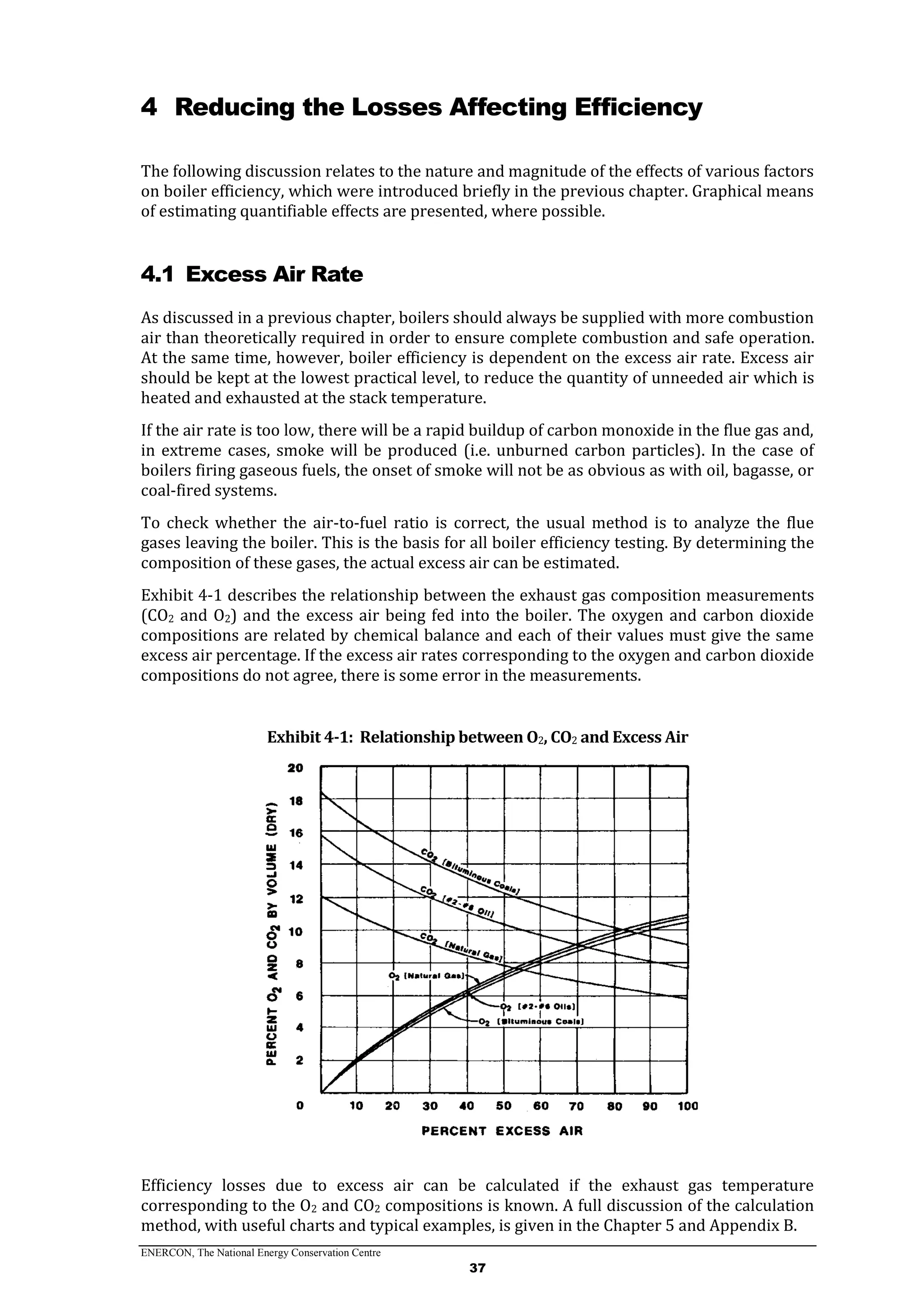 ENERCON, The National Energy Conservation Centre
37
4 Reducing the Losses Affecting Efficiency
The following discussion relates to the nature and magnitude of the effects of various factors
on boiler efficiency, which were introduced briefly in the previous chapter. Graphical means
of estimating quantifiable effects are presented, where possible.
4.1 Excess Air Rate
As discussed in a previous chapter, boilers should always be supplied with more combustion
air than theoretically required in order to ensure complete combustion and safe operation.
At the same time, however, boiler efficiency is dependent on the excess air rate. Excess air
should be kept at the lowest practical level, to reduce the quantity of unneeded air which is
heated and exhausted at the stack temperature.
If the air rate is too low, there will be a rapid buildup of carbon monoxide in the flue gas and,
in extreme cases, smoke will be produced (i.e. unburned carbon particles). In the case of
boilers firing gaseous fuels, the onset of smoke will not be as obvious as with oil, bagasse, or
coal-fired systems.
To check whether the air-to-fuel ratio is correct, the usual method is to analyze the flue
gases leaving the boiler. This is the basis for all boiler efficiency testing. By determining the
composition of these gases, the actual excess air can be estimated.
Exhibit 4-1 describes the relationship between the exhaust gas composition measurements
(CO2 and O2) and the excess air being fed into the boiler. The oxygen and carbon dioxide
compositions are related by chemical balance and each of their values must give the same
excess air percentage. If the excess air rates corresponding to the oxygen and carbon dioxide
compositions do not agree, there is some error in the measurements.
Exhibit 4-1: Relationship between O2, CO2 and Excess Air
Efficiency losses due to excess air can be calculated if the exhaust gas temperature
corresponding to the O2 and CO2 compositions is known. A full discussion of the calculation
method, with useful charts and typical examples, is given in the Chapter 5 and Appendix B.
 