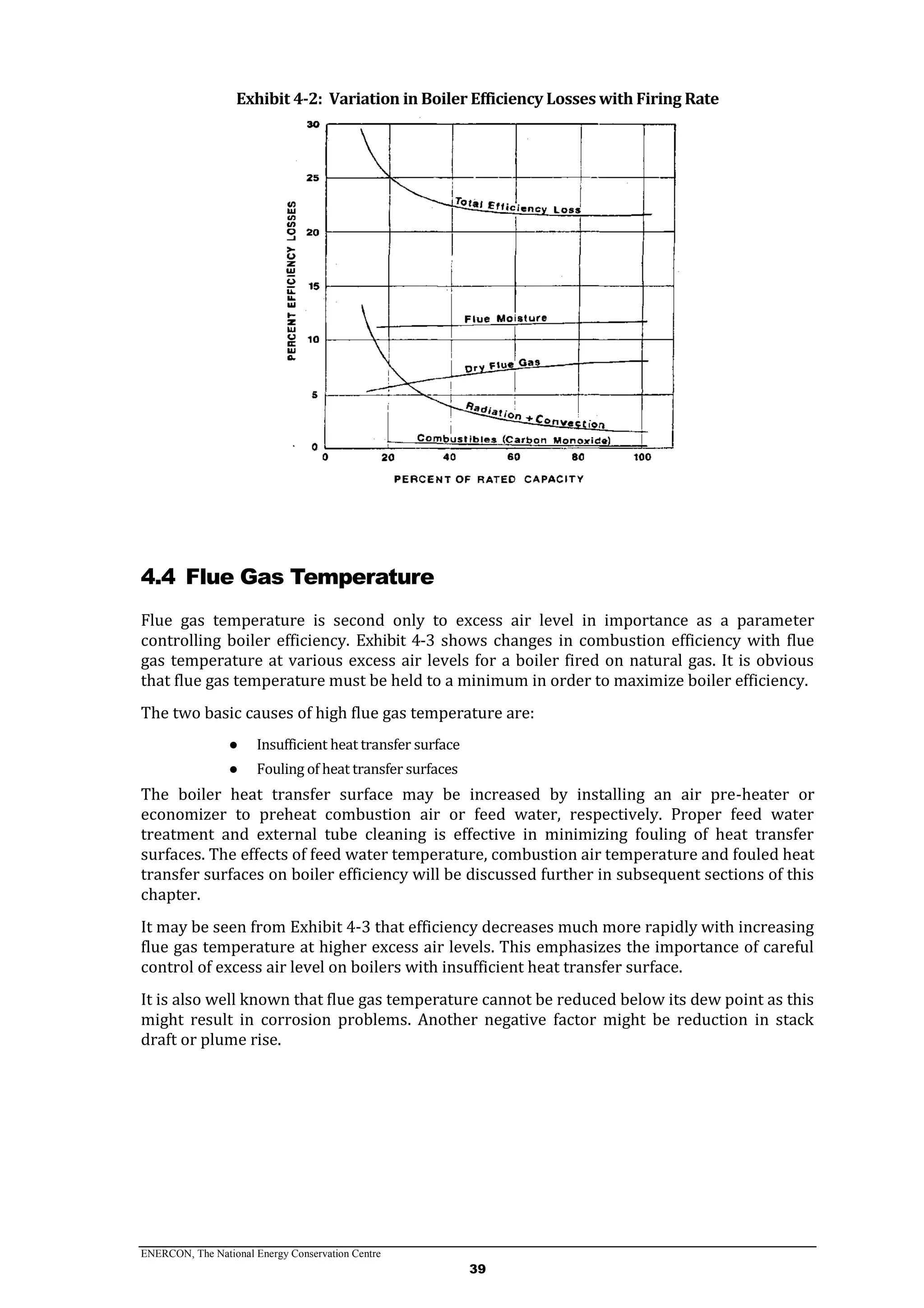 ENERCON, The National Energy Conservation Centre
39
Exhibit 4-2: Variation in Boiler Efficiency Losses with Firing Rate
4.4 Flue Gas Temperature
Flue gas temperature is second only to excess air level in importance as a parameter
controlling boiler efficiency. Exhibit 4-3 shows changes in combustion efficiency with flue
gas temperature at various excess air levels for a boiler fired on natural gas. It is obvious
that flue gas temperature must be held to a minimum in order to maximize boiler efficiency.
The two basic causes of high flue gas temperature are:
● Insufficient heat transfer surface
● Fouling of heat transfer surfaces
The boiler heat transfer surface may be increased by installing an air pre-heater or
economizer to preheat combustion air or feed water, respectively. Proper feed water
treatment and external tube cleaning is effective in minimizing fouling of heat transfer
surfaces. The effects of feed water temperature, combustion air temperature and fouled heat
transfer surfaces on boiler efficiency will be discussed further in subsequent sections of this
chapter.
It may be seen from Exhibit 4-3 that efficiency decreases much more rapidly with increasing
flue gas temperature at higher excess air levels. This emphasizes the importance of careful
control of excess air level on boilers with insufficient heat transfer surface.
It is also well known that flue gas temperature cannot be reduced below its dew point as this
might result in corrosion problems. Another negative factor might be reduction in stack
draft or plume rise.
 