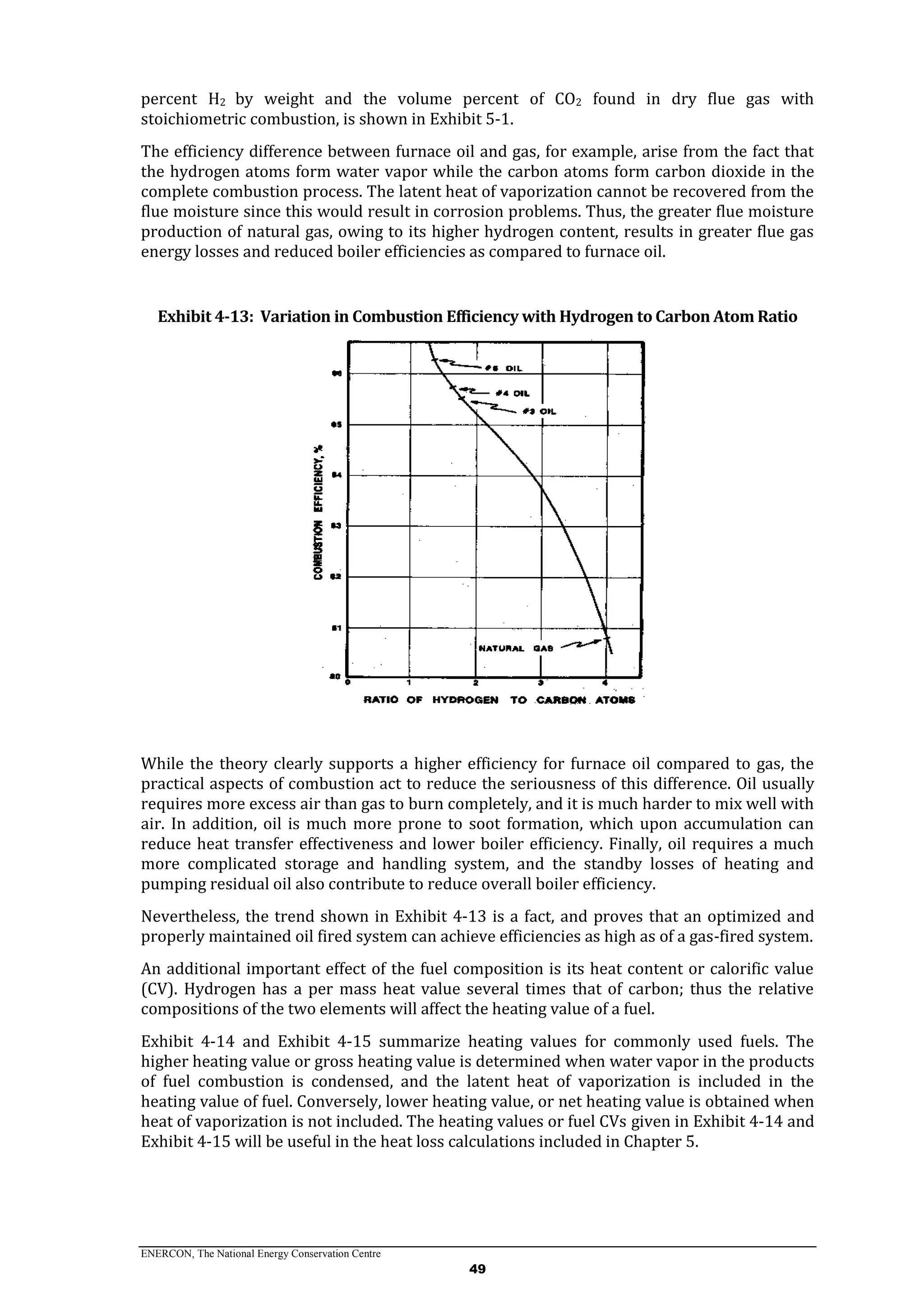 ENERCON, The National Energy Conservation Centre
49
percent H2 by weight and the volume percent of CO2 found in dry flue gas with
stoichiometric combustion, is shown in Exhibit 5-1.
The efficiency difference between furnace oil and gas, for example, arise from the fact that
the hydrogen atoms form water vapor while the carbon atoms form carbon dioxide in the
complete combustion process. The latent heat of vaporization cannot be recovered from the
flue moisture since this would result in corrosion problems. Thus, the greater flue moisture
production of natural gas, owing to its higher hydrogen content, results in greater flue gas
energy losses and reduced boiler efficiencies as compared to furnace oil.
Exhibit 4-13: Variation in Combustion Efficiency with Hydrogen to Carbon Atom Ratio
While the theory clearly supports a higher efficiency for furnace oil compared to gas, the
practical aspects of combustion act to reduce the seriousness of this difference. Oil usually
requires more excess air than gas to burn completely, and it is much harder to mix well with
air. In addition, oil is much more prone to soot formation, which upon accumulation can
reduce heat transfer effectiveness and lower boiler efficiency. Finally, oil requires a much
more complicated storage and handling system, and the standby losses of heating and
pumping residual oil also contribute to reduce overall boiler efficiency.
Nevertheless, the trend shown in Exhibit 4-13 is a fact, and proves that an optimized and
properly maintained oil fired system can achieve efficiencies as high as of a gas-fired system.
An additional important effect of the fuel composition is its heat content or calorific value
(CV). Hydrogen has a per mass heat value several times that of carbon; thus the relative
compositions of the two elements will affect the heating value of a fuel.
Exhibit 4-14 and Exhibit 4-15 summarize heating values for commonly used fuels. The
higher heating value or gross heating value is determined when water vapor in the products
of fuel combustion is condensed, and the latent heat of vaporization is included in the
heating value of fuel. Conversely, lower heating value, or net heating value is obtained when
heat of vaporization is not included. The heating values or fuel CVs given in Exhibit 4-14 and
Exhibit 4-15 will be useful in the heat loss calculations included in Chapter 5.
 