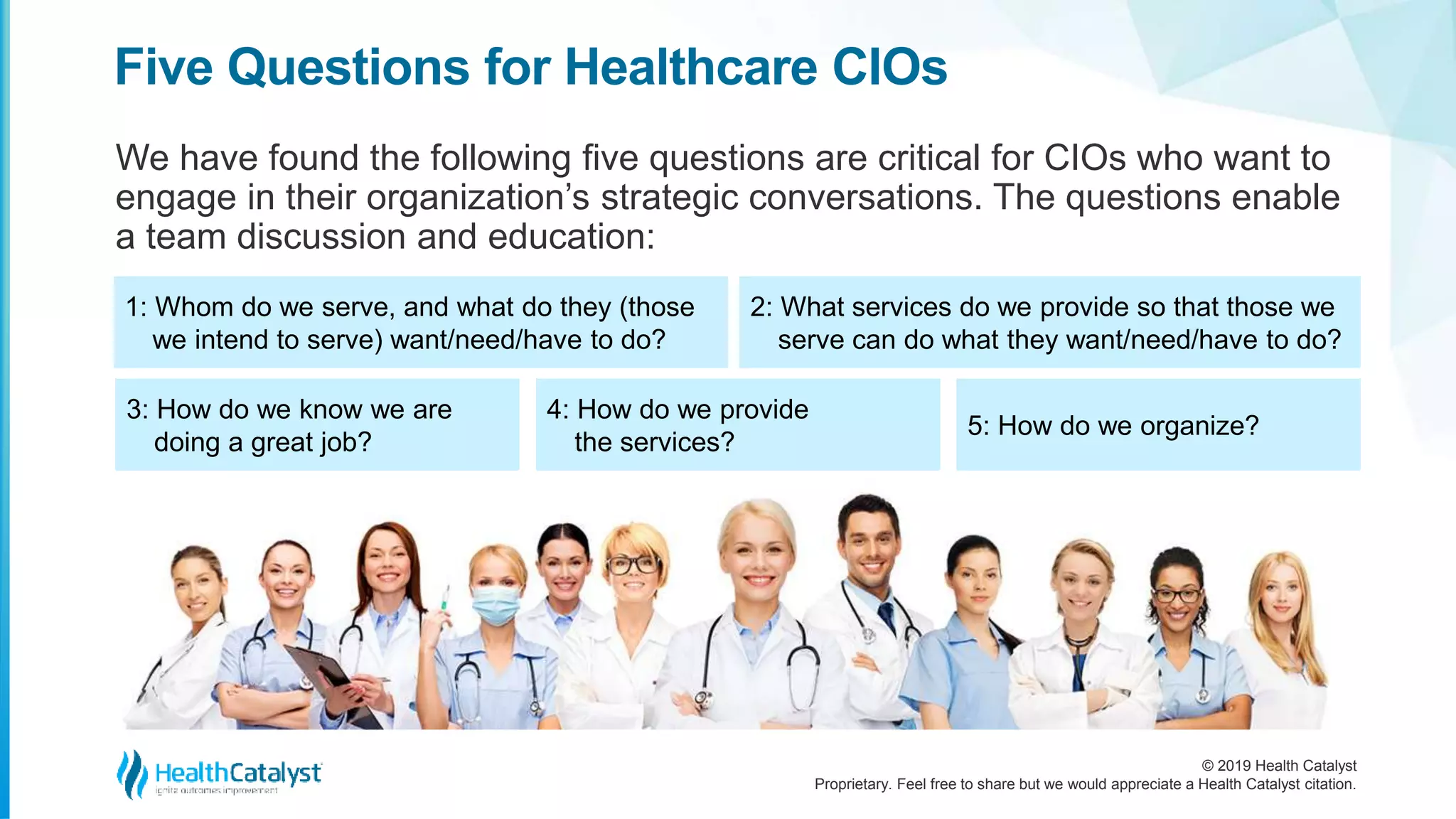 © 2019 Health Catalyst
Proprietary. Feel free to share but we would appreciate a Health Catalyst citation.
We have found the following five questions are critical for CIOs who want to
engage in their organization’s strategic conversations. The questions enable
a team discussion and education:
Five Questions for Healthcare CIOs
1: Whom do we serve, and what do they (those
we intend to serve) want/need/have to do?
2: What services do we provide so that those we
serve can do what they want/need/have to do?
3: How do we know we are
doing a great job?
4: How do we provide
the services?
5: How do we organize?
 