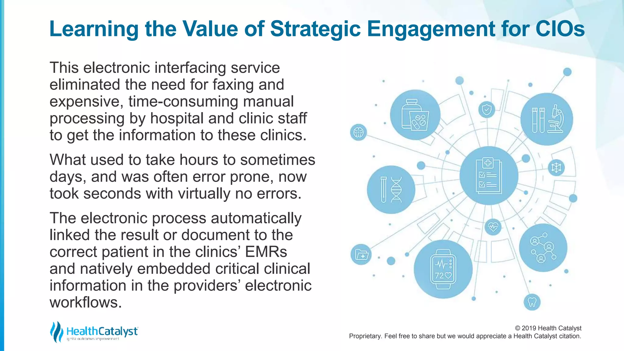 © 2019 Health Catalyst
Proprietary. Feel free to share but we would appreciate a Health Catalyst citation.
This electronic interfacing service
eliminated the need for faxing and
expensive, time-consuming manual
processing by hospital and clinic staff
to get the information to these clinics.
What used to take hours to sometimes
days, and was often error prone, now
took seconds with virtually no errors.
The electronic process automatically
linked the result or document to the
correct patient in the clinics’ EMRs
and natively embedded critical clinical
information in the providers’ electronic
workflows.
Learning the Value of Strategic Engagement for CIOs
 