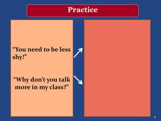 9
“You need to be less
shy!”
“Why don’t you talk
more in my class?”
Practice
 