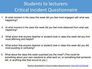 Students to lecturers:
Critical Incident Questionnaire
Stephen Brookfield’s Critical Incident Questionnaire http://bit.ly/1loUzq0
 
