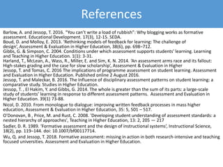 References
Barlow, A. and Jessop, T. 2016. “You can’t write a load of rubbish”: Why blogging works as formative
assessment. Educational Development. 17(3), 12-15. SEDA.
Boud, D. and Molloy, E. 2013. ‘Rethinking models of feedback for learning: The challenge of
design’, Assessment & Evaluation in Higher Education, 38(6), pp. 698–712.
Gibbs, G. & Simpson, C. 2004. Conditions under which assessment supports students' learning. Learning
and Teaching in Higher Education. 1(1): 3-31.
Harland, T., McLean, A., Wass, R., Miller, E. and Sim, K. N. 2014. ‘An assessment arms race and its fallout:
High-stakes grading and the case for slow scholarship’, Assessment & Evaluation in Higher
Jessop, T. and Tomas, C. 2016 The implications of programme assessment on student learning. Assessment
and Evaluation in Higher Education. Published online 2 August 2016.
Jessop, T. and Maleckar, B. 2016. The Influence of disciplinary assessment patterns on student learning: a
comparative study. Studies in Higher Education.
Jessop, T. , El Hakim, Y. and Gibbs, G. 2014. The whole is greater than the sum of its parts: a large-scale
study of students’ learning in response to different assessment patterns. Assessment and Evaluation in
Higher Education. 39(1) 73-88.
Nicol, D. 2010. From monologue to dialogue: improving written feedback processes in mass higher
education, Assessment & Evaluation in Higher Education, 35: 5, 501 – 517.
O'Donovan, B , Price, M. and Rust, C. 2008. 'Developing student understanding of assessment standards: a
nested hierarchy of approaches', Teaching in Higher Education, 13: 2, 205 — 217
Sadler, D. R. 1989. ‘Formative assessment and the design of instructional systems’, Instructional Science,
18(2), pp. 119–144. doi: 10.1007/bf00117714.
Wu, Q. and Jessop, T. 2018. Formative assessment: missing in action in both research-intensive and teaching
focused universities. Assessment and Evaluation in Higher Education.
 