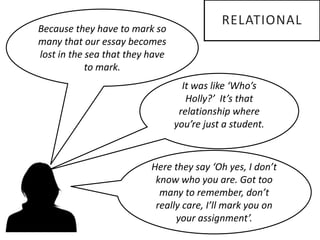 It was like ‘Who’s
Holly?’ It’s that
relationship where
you’re just a student.
Because they have to mark so
many that our essay becomes
lost in the sea that they have
to mark.
Here they say ‘Oh yes, I don’t
know who you are. Got too
many to remember, don’t
really care, I’ll mark you on
your assignment’.
RELATIONAL
 