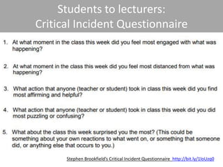 Students to lecturers:
Critical Incident Questionnaire
Stephen Brookfield’s Critical Incident Questionnaire http://bit.ly/1loUzq0
 