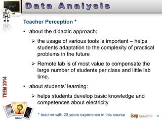 16 
NMM 
Teacher Perception * 
• about the didactic approach: 
 the usage of various tools is important – helps 
students adaptation to the complexity of practical 
problems in the future 
 Remote lab is of most value to compensate the 
large number of students per class and little lab 
time. 
• about students’ learning: 
 helps students develop basic knowledge and 
competences about electricity 
* teacher with 20 years experience in this course 
 