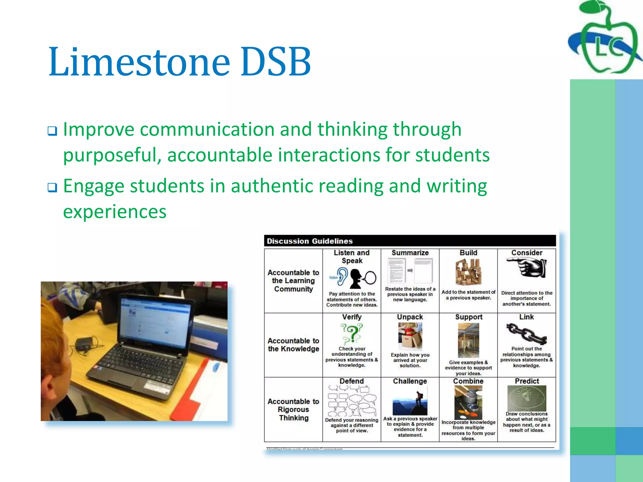 Limestone DSB
 Improve communication and thinking through
purposeful, accountable interactions for students
 Engage students in authentic reading and writing
experiences
 