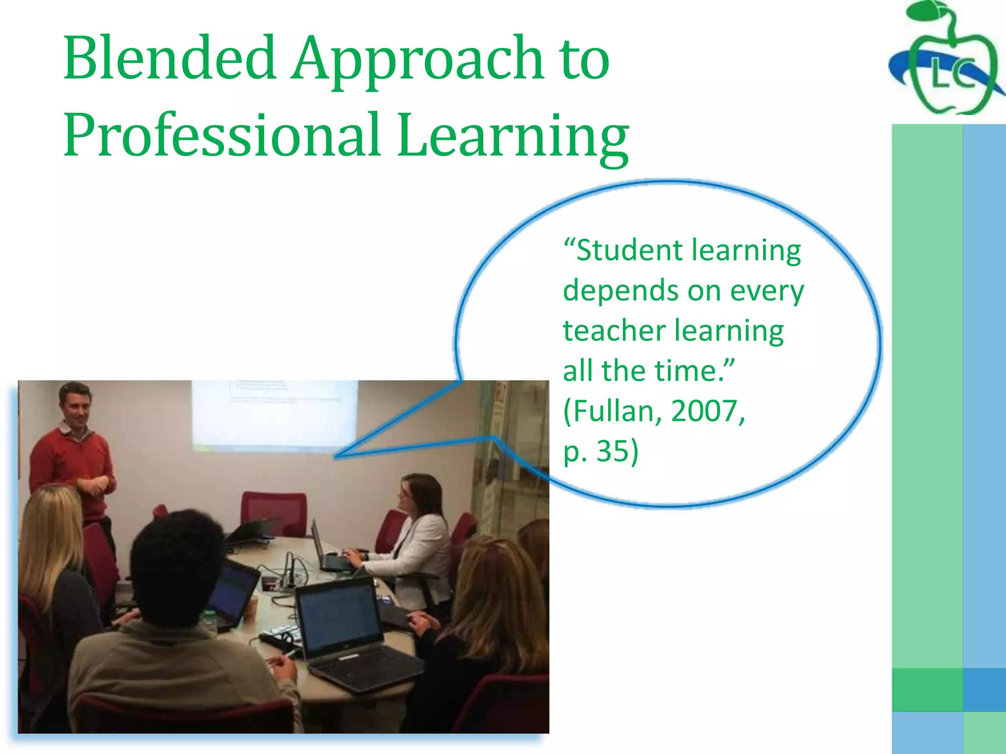Blended Approach to
Professional Learning
“Student learning
depends on every
teacher learning
all the time.”
(Fullan, 2007,
p. 35)
 