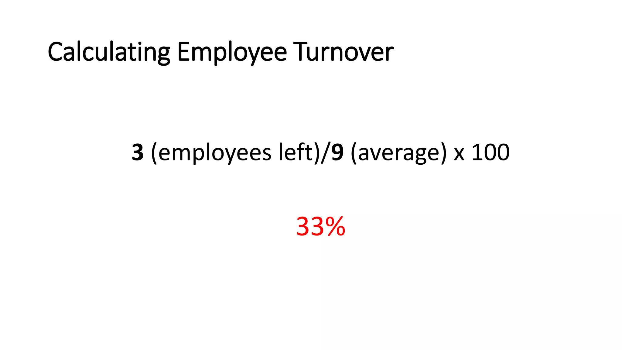 Calculating Employee Turnover
3 (employees left)/9 (average) x 100
33%
 