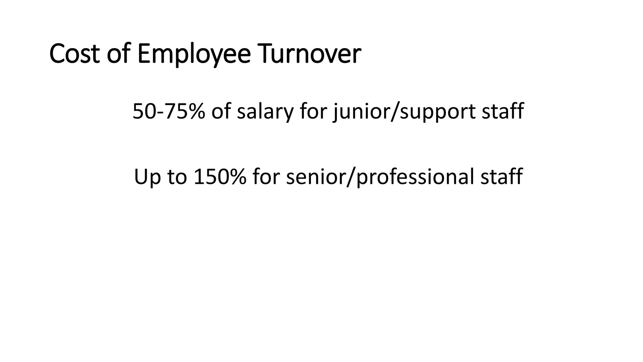 Cost of Employee Turnover
50-75% of salary for junior/support staff
Up to 150% for senior/professional staff
 