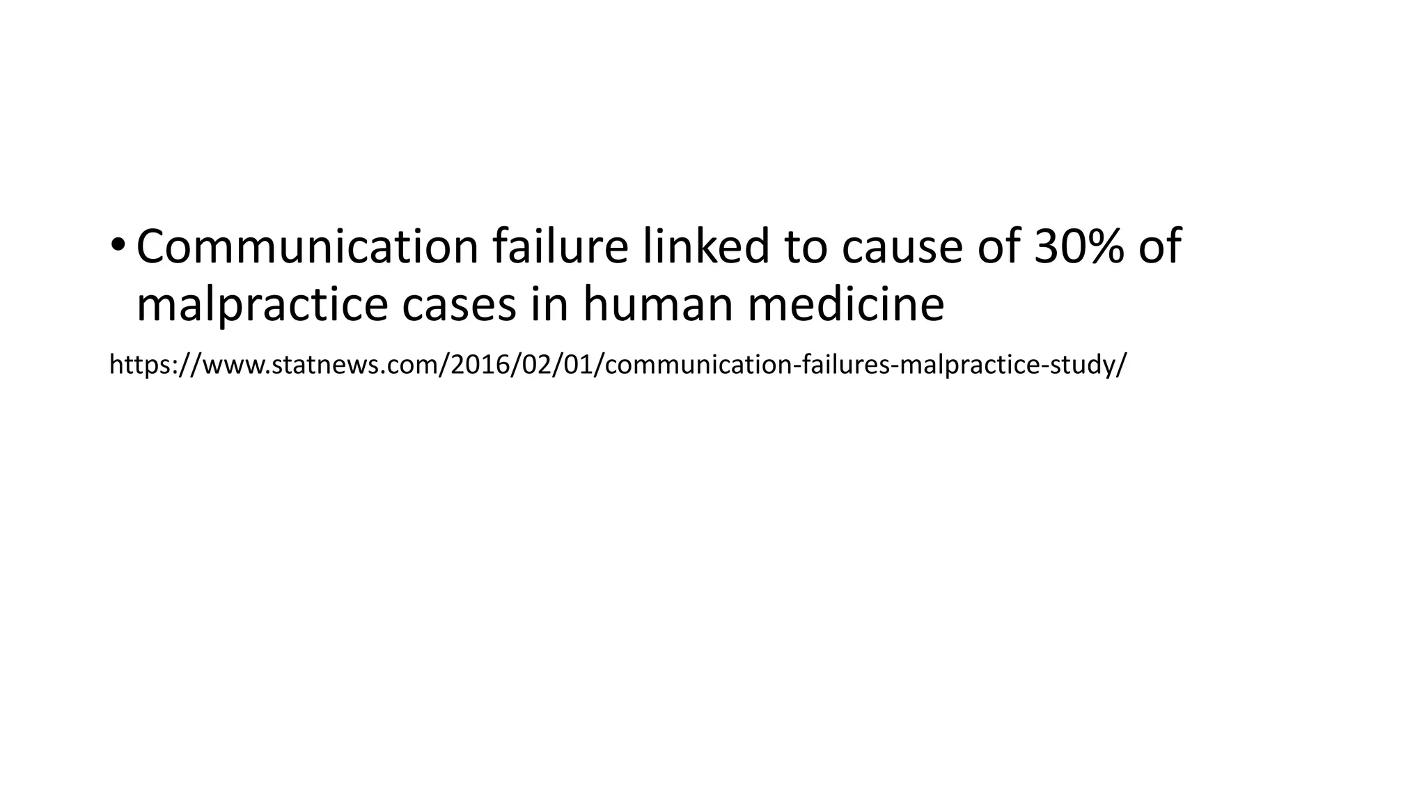 • Communication failure linked to cause of 30% of
malpractice cases in human medicine
https://www.statnews.com/2016/02/01/communication-failures-malpractice-study/
 