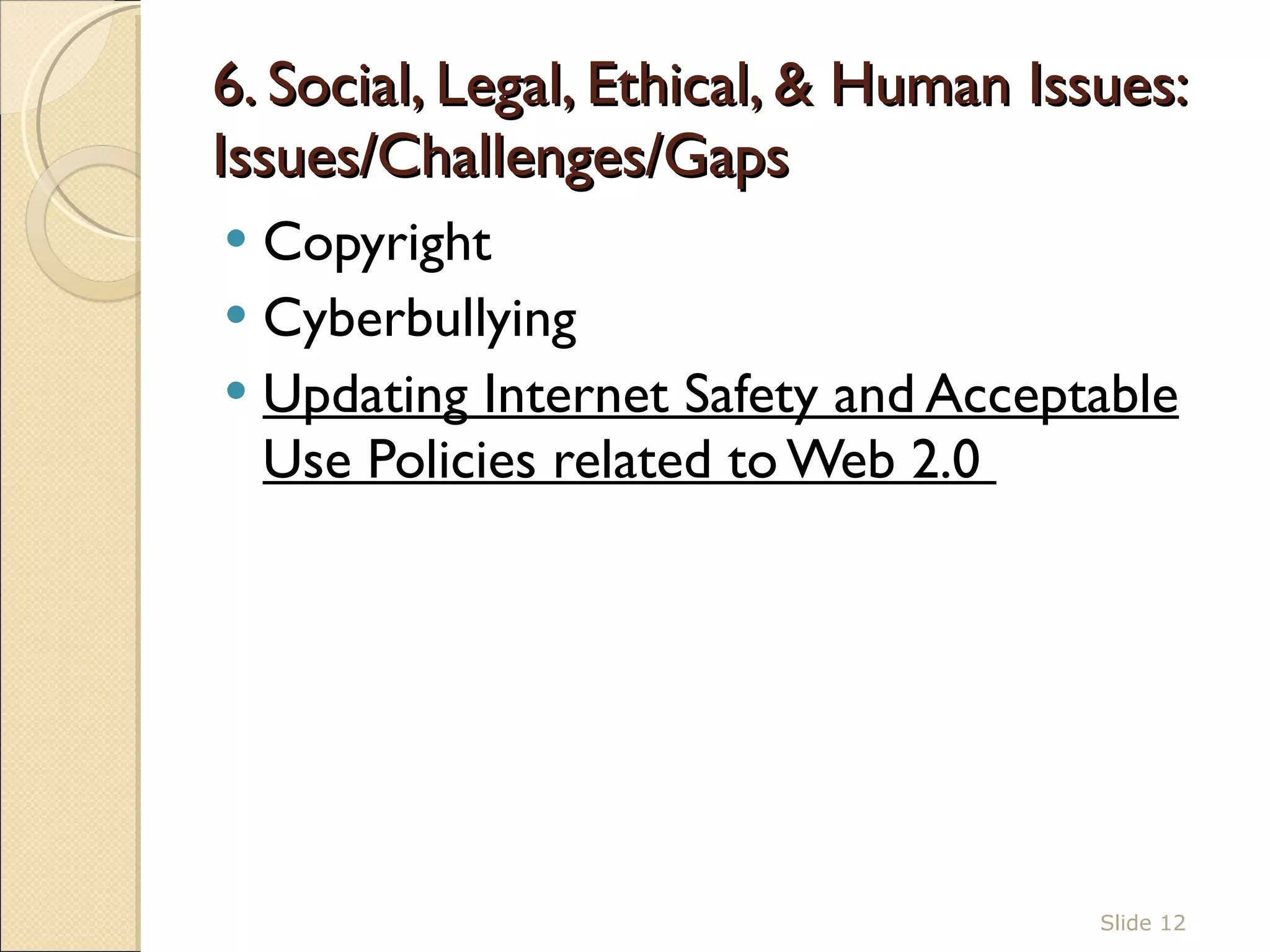 6. Social, Legal, Ethical, & Human Issues: Issues/Challenges/Gaps  Copyright Cyberbullying  Updating Internet Safety and Acceptable Use Policies related to Web 2.0  Slide  
