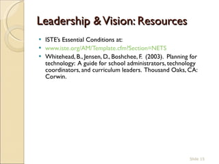 Leadership & Vision : Resources ISTE’s Essential Conditions at:  www.iste.org/AM/Template.cfm?Section=NETS Whitehead, B., Jensen, D., Boshchee, F.  (2003).  Planning for technology:  A guide for school administrators, technology coordinators, and curriculum leaders.  Thousand Oaks, CA: Corwin.  Slide  