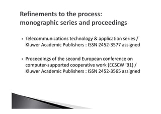 Telecommunications technology & application series /
Kluwer Academic Publishers : ISSN 2452-3577 assigned
Proceedings of the second European conference on
computer-supported cooperative work (ECSCW ‘91) /
Kluwer Academic Publishers : ISSN 2452-3565 assigned
 