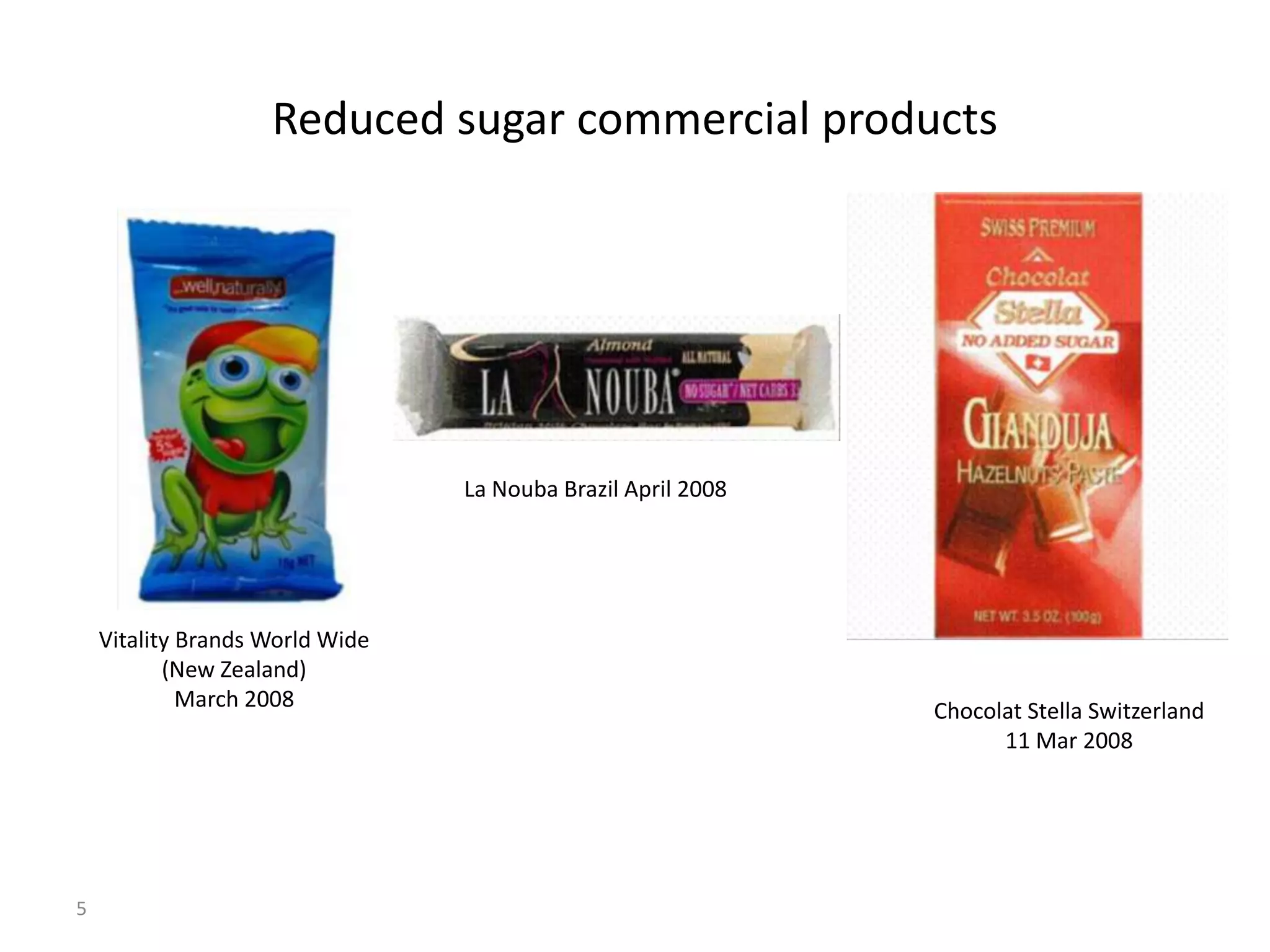 Reduced sugar commercial products




                                 La Nouba Brazil April 2008




    Vitality Brands World Wide
           (New Zealand)
             March 2008                                       Chocolat Stella Switzerland
                                                                    11 Mar 2008




5
 