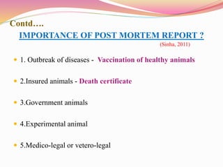 IMPORTANCE OF POST MORTEM REPORT ? 
 1. Outbreak of diseases - Vaccination of healthy animals 
 2.Insured animals - Deat...