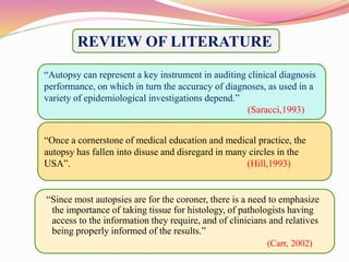 REVIEW OF LITERATURE 
“Autopsy can represent a key instrument in auditing clinical diagnosis 
performance, on which in tur...