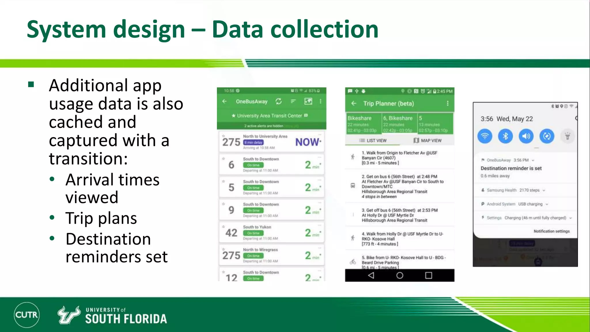 System design – Data collection
 Additional app
usage data is also
cached and
captured with a
transition:
• Arrival times
viewed
• Trip plans
• Destination
reminders set
 