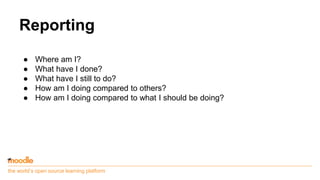 the world’s open source learning platform
Reporting
● Where am I?
● What have I done?
● What have I still to do?
● How am I doing compared to others?
● How am I doing compared to what I should be doing?
 
