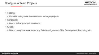 © Hitachi Solutions, Ltd. 2015. All rights reserved.
• Teams:
– Consider using more than one team for larger projects.
• Iterations:
– Use to define your sprint cadence.
• Areas
– Use to categorize work items, e.g. CRM Configuration, CRM Development, Reporting, etc.
Configure a Team Projects
 