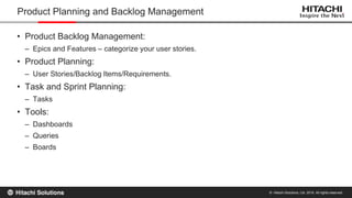 © Hitachi Solutions, Ltd. 2015. All rights reserved.
• Product Backlog Management:
– Epics and Features – categorize your user stories.
• Product Planning:
– User Stories/Backlog Items/Requirements.
• Task and Sprint Planning:
– Tasks
• Tools:
– Dashboards
– Queries
– Boards
Product Planning and Backlog Management
 