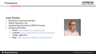 © Hitachi Solutions, Ltd. 2015. All rights reserved.
Presenters
Ivan Kurtev
• Enterprise Technical Architect
• Hitachi Solutions, Ltd.
• Implementing Dynamics CRM for 9 years
• Contact Information:
• Email: ikurtev@hitachi-solutions.com
• LinkedIn: https://www.linkedin.com/in/ivankurtev
• Twitter: @ikurtev
• Blog: https://mscrmunfiltered.wordpress.com/
 
