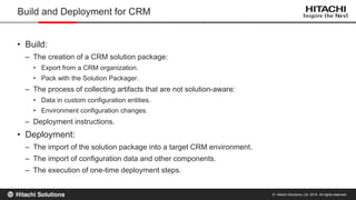 © Hitachi Solutions, Ltd. 2015. All rights reserved.
• Build:
– The creation of a CRM solution package:
• Export from a CRM organization.
• Pack with the Solution Packager.
– The process of collecting artifacts that are not solution-aware:
• Data in custom configuration entities.
• Environment configuration changes.
– Deployment instructions.
• Deployment:
– The import of the solution package into a target CRM environment.
– The import of configuration data and other components.
– The execution of one-time deployment steps.
Build and Deployment for CRM
 