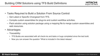 © Hitachi Solutions, Ltd. 2015. All rights reserved.
• Tasks Required to Build a Solution From Source Control:
– Get Latest or Specific Changeset from TFS.
– Compile custom assemblies for plug-ins and custom workflow activities.
– Pack solution using solution package using a mapping file to merge custom assemblies and
web resources.
• Advantages:
– Traceability:
• TFS Builds are associated with all check-ins and tasks or bugs completed since the last build.
• Now you can answer the question “What is included in the latest release”.
Building CRM Solutions using TFS Build Definitions
 