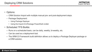 © Hitachi Solutions, Ltd. 2015. All rights reserved.
• Options:
– CRM Solution Import with multiple manual pre- and post-deployment steps.
– Package Deployment:
• Using Package Deployer
• Using the Import-CrmPackage PowerShell cmdlet
• Scheduled TFS Builds:
– Runs on a scheduled basis, can be daily, weekly, bi-weekly, etc.
– Can be used as a deployment tool.
– The XRM CI Framework build definition allows us to deploy a Package Deployer package or
a CRM solution.
Deploying CRM Solutions
 
