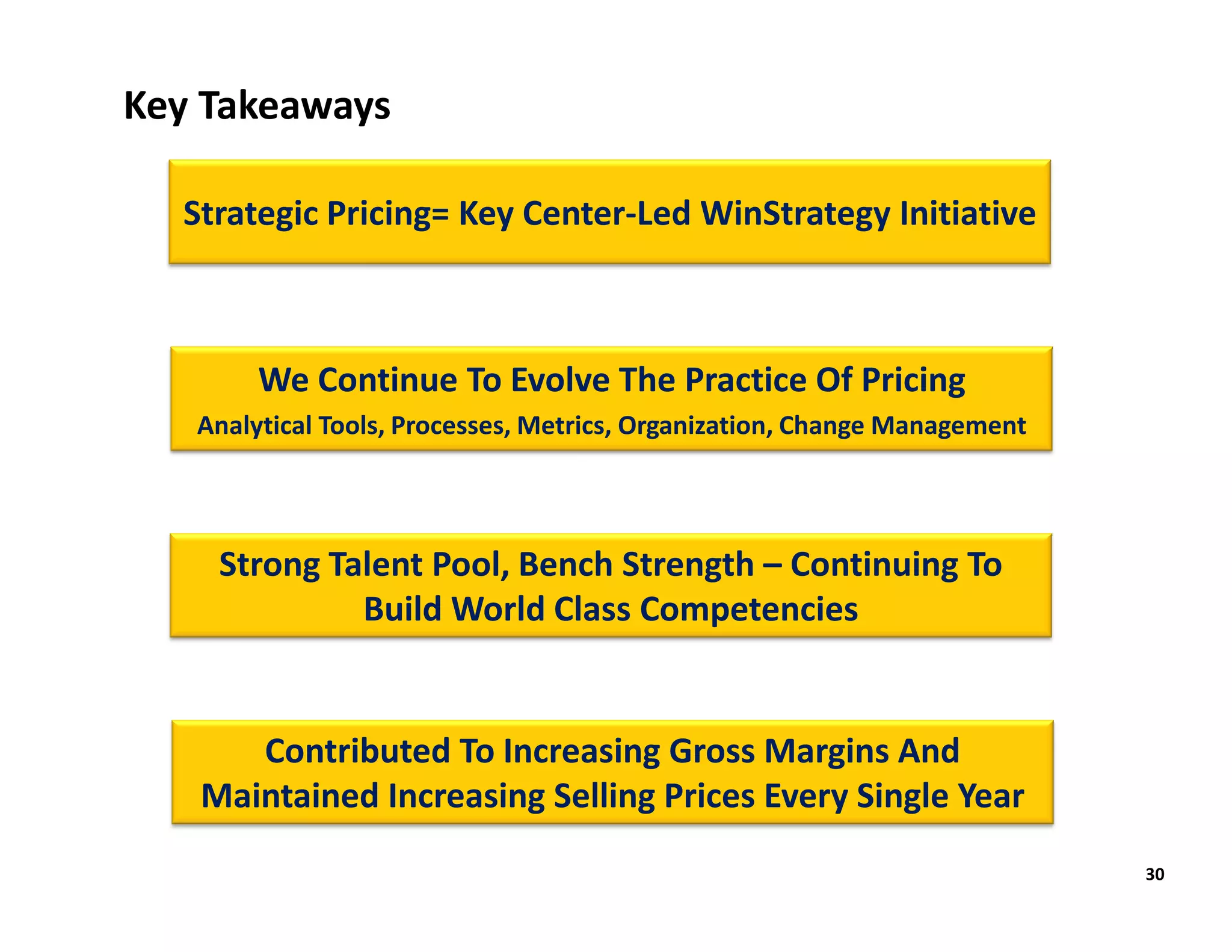 Key Takeaways

  Strategic Pricing= Key Center-Led WinStrategy Initiative



        We Continue To Evolve The Practice Of Pricing
   Analytical Tools, Processes, Metrics, Organization, Change Management




    Strong Talent Pool, Bench Strength – Continuing To
             Build World Class Competencies


      Contributed To Increasing Gross Margins And
   Maintained Increasing Selling Prices Every Single Year
                                                                           30
 