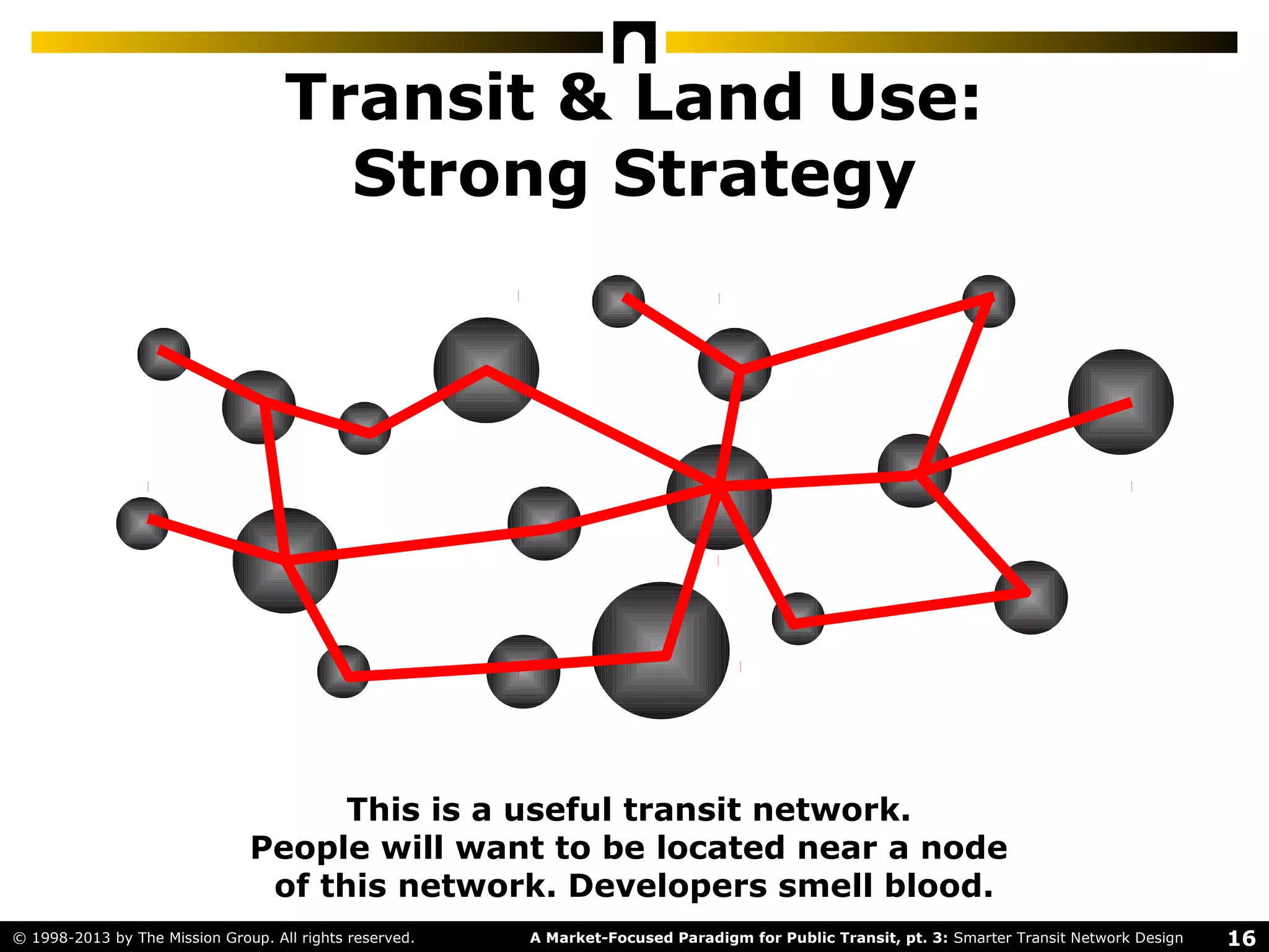 16A Market-Focused Paradigm for Public Transit, pt. 3: Smarter Transit Network Design© 1998-2013 by The Mission Group. All rights reserved.
Transit & Land Use:
Strong Strategy
This is a useful transit network.
People will want to be located near a node
of this network. Developers smell blood.
 