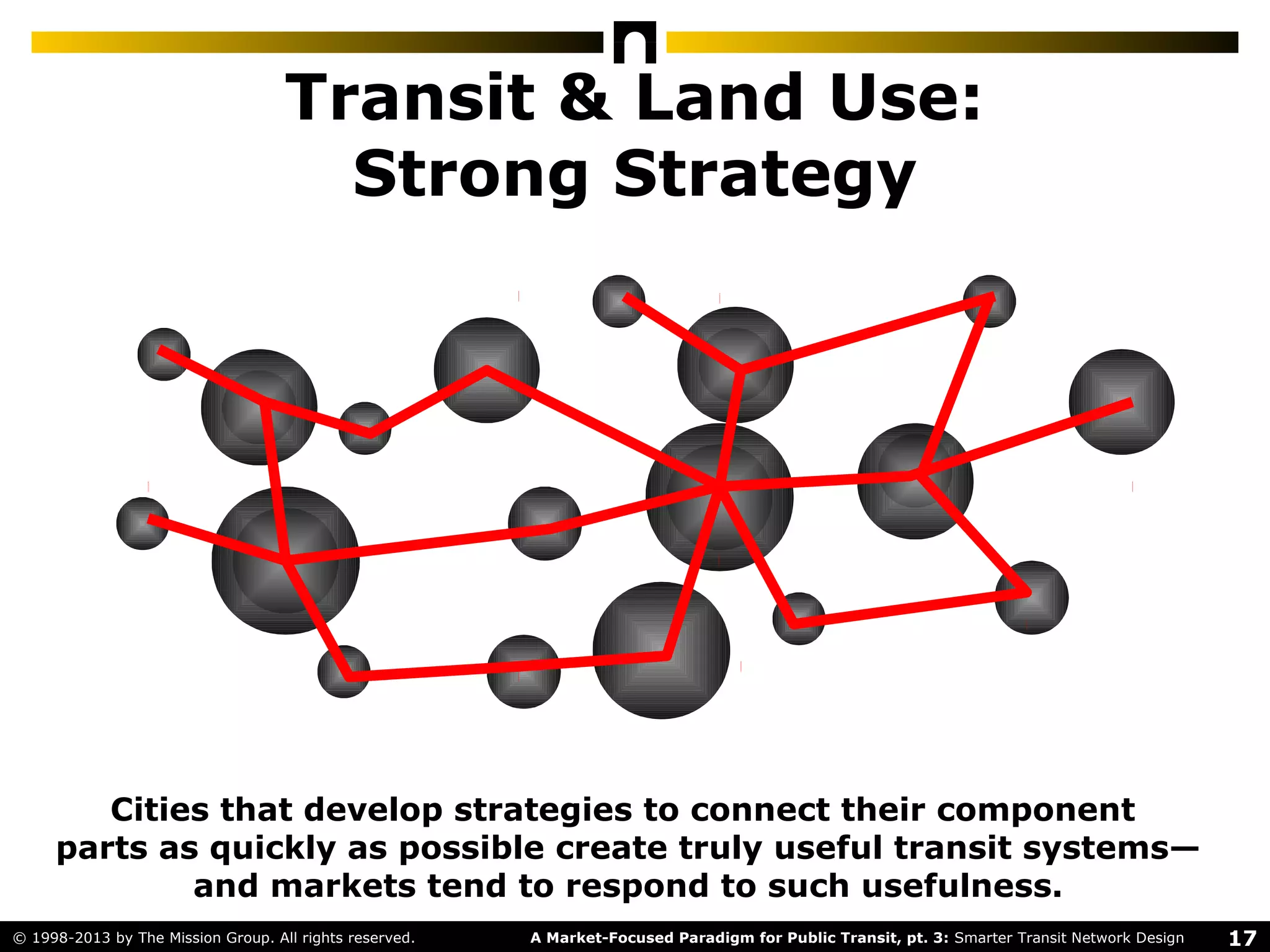 17A Market-Focused Paradigm for Public Transit, pt. 3: Smarter Transit Network Design© 1998-2013 by The Mission Group. All rights reserved.
Transit & Land Use:
Strong Strategy
Cities that develop strategies to connect their component
parts as quickly as possible create truly useful transit systems—
and markets tend to respond to such usefulness.
 