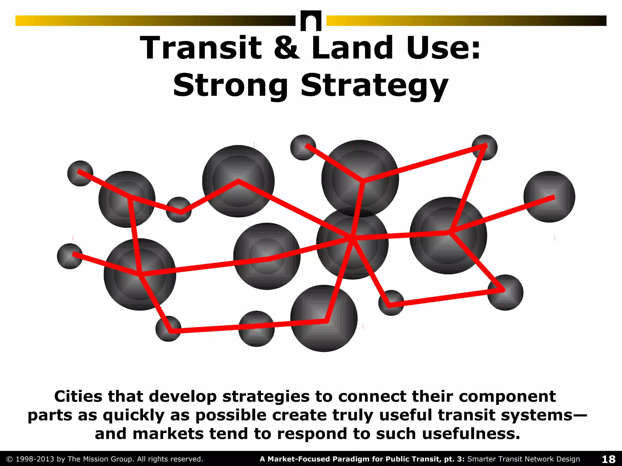 18A Market-Focused Paradigm for Public Transit, pt. 3: Smarter Transit Network Design© 1998-2013 by The Mission Group. All rights reserved.
Transit & Land Use:
Strong Strategy
Cities that develop strategies to connect their component
parts as quickly as possible create truly useful transit systems—
and markets tend to respond to such usefulness.
 