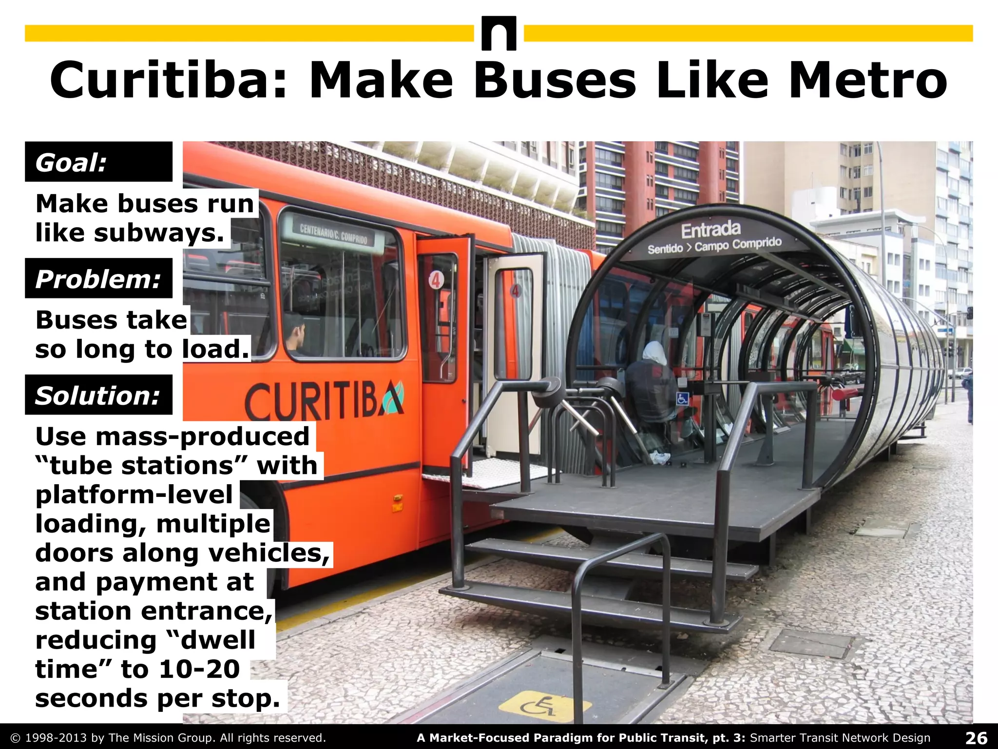 26A Market-Focused Paradigm for Public Transit, pt. 3: Smarter Transit Network Design© 1998-2013 by The Mission Group. All rights reserved.
Curitiba: Make Buses Like Metro
Goal:
Problem:
Solution:
Make buses run
like subways.
Buses take
so long to load.
Use mass-produced
“tube stations” with
platform-level
loading, multiple
doors along vehicles,
and payment at
station entrance,
reducing “dwell
time” to 10-20
seconds per stop.
 