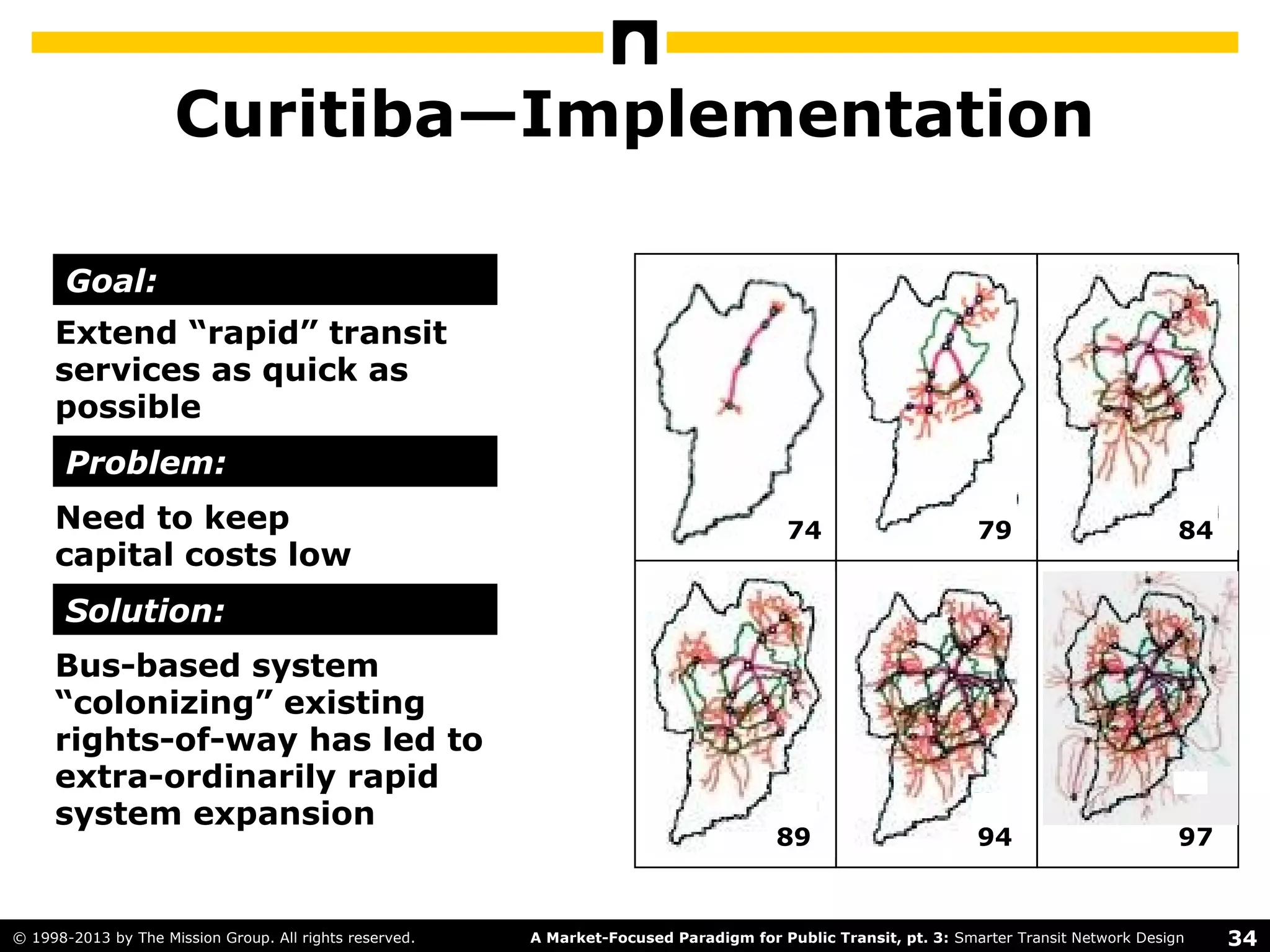 34A Market-Focused Paradigm for Public Transit, pt. 3: Smarter Transit Network Design© 1998-2013 by The Mission Group. All rights reserved.
Curitiba—Implementation
Problem:
Solution:
89 94 97
74 79 84
Extend “rapid” transit
services as quick as
possible
Goal:
Need to keep
capital costs low
Bus-based system
“colonizing” existing
rights-of-way has led to
extraordinarily rapid
system expansion
Problem:
Solution:
Goal:
 