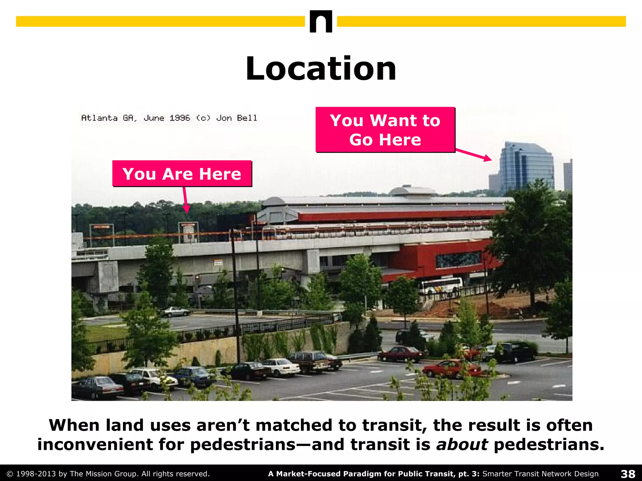 38A Market-Focused Paradigm for Public Transit, pt. 3: Smarter Transit Network Design© 1998-2013 by The Mission Group. All rights reserved.
Location
You Are HereYou Are Here
You Want to
Go Here
You Want to
Go Here
When land uses aren’t matched to transit, the result is often
inconvenient for pedestrians—and transit is about pedestrians.
 