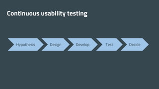 Continuous usability testing
Hypothesis Design Develop Test Decide
 